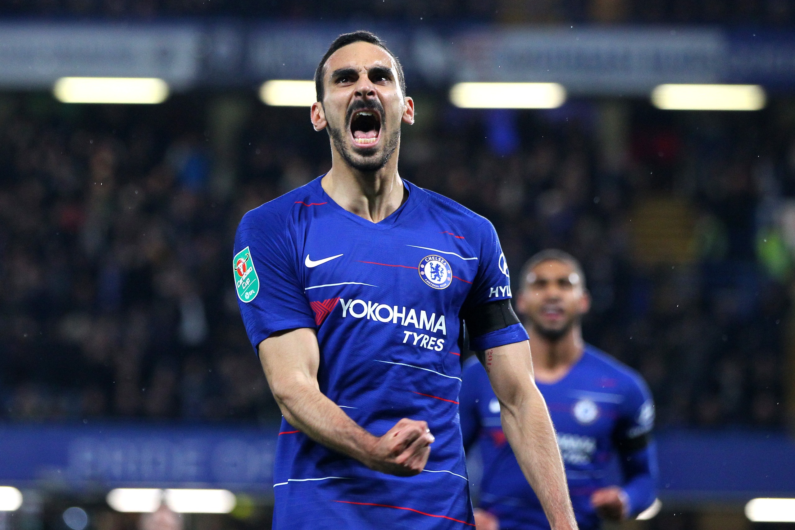 LONDON, ENGLAND - OCTOBER 31: Davide Zappacosta of Chelsea celebrates scoring his teams second goal during the Carabao Cup Fourth Round match between Chelsea and Derby County at Stamford Bridge on October 31, 2018 in London, England. (Photo by Chloe Knott