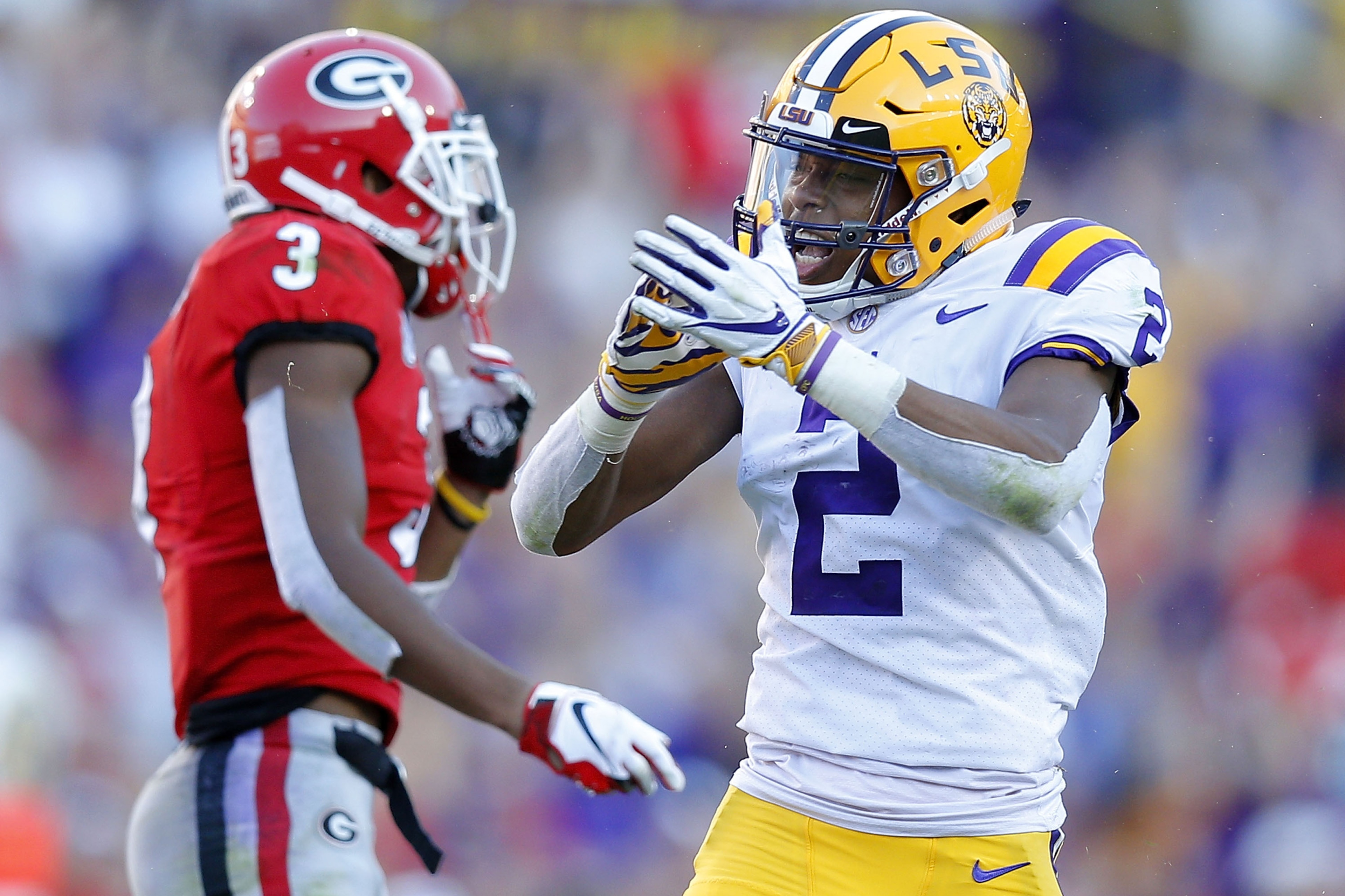 BATON ROUGE, LA - OCTOBER 13:  Justin Jefferson #2 of the LSU Tigers reacts after a catch during a game against the Georgia Bulldogs at Tiger Stadium on October 13, 2018 in Baton Rouge, Louisiana.  (Photo by Jonathan Bachman/Getty Images)