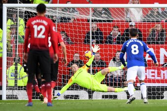 MANCHESTER, ENGLAND - OCTOBER 28:  Jordan Pickford of Everton saves a penalty from Paul Pogba of Manchester United during the Premier League match between Manchester United and Everton FC at Old Trafford on October 28, 2018 in Manchester, United Kingdom. 