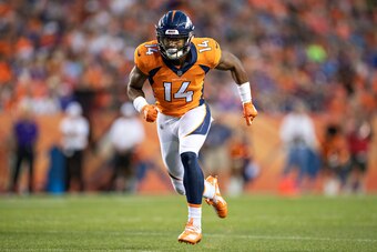 DENVER, CO - AUGUST 11:  Courtland Sutton #14 of the Denver Broncos at the line of scrimmage during a game against the Minnesota Vikings during week one of preseason at Broncos Stadium at Mile High on August 11, 2018 in Denver, Colorado.  The Vikings defe