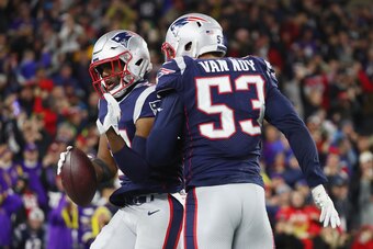 FOXBOROUGH, MA - DECEMBER 02:  Duron Harmon #21 of the New England Patriots celebrates after intercepting a pass in the end zone during the fourth quarter against the Minnesota Vikings at Gillette Stadium on December 2, 2018 in Foxborough, Massachusetts. 