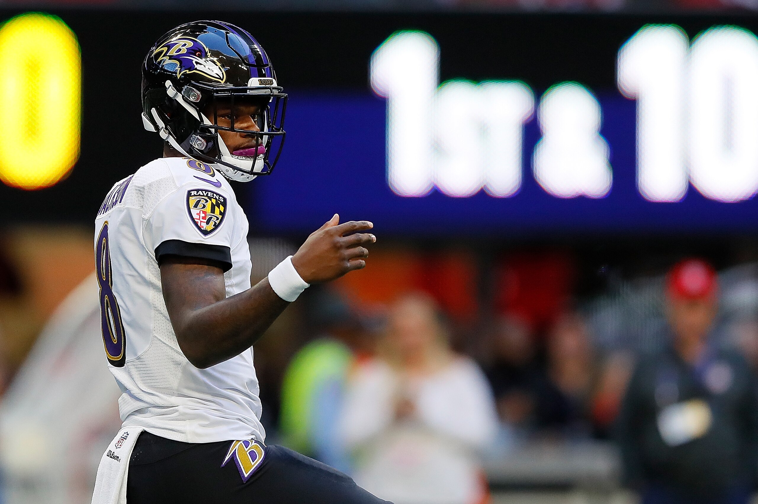 ATLANTA, GA - DECEMBER 02: Lamar Jackson #8 of the Baltimore Ravens runs the offense against the Atlanta Falcons at Mercedes-Benz Stadium on December 2, 2018 in Atlanta, Georgia. (Photo by Kevin C. Cox/Getty Images) ATLANTA, GA - DECEMBER 02: Lamar Jackson #8 of the Baltimore Ravens runs the offense against the Atlanta Falcons at Mercedes-Benz Stadium on December 2, 2018 in Atlanta, Georgia. (Photo by Kevin C. Cox/Getty Images)