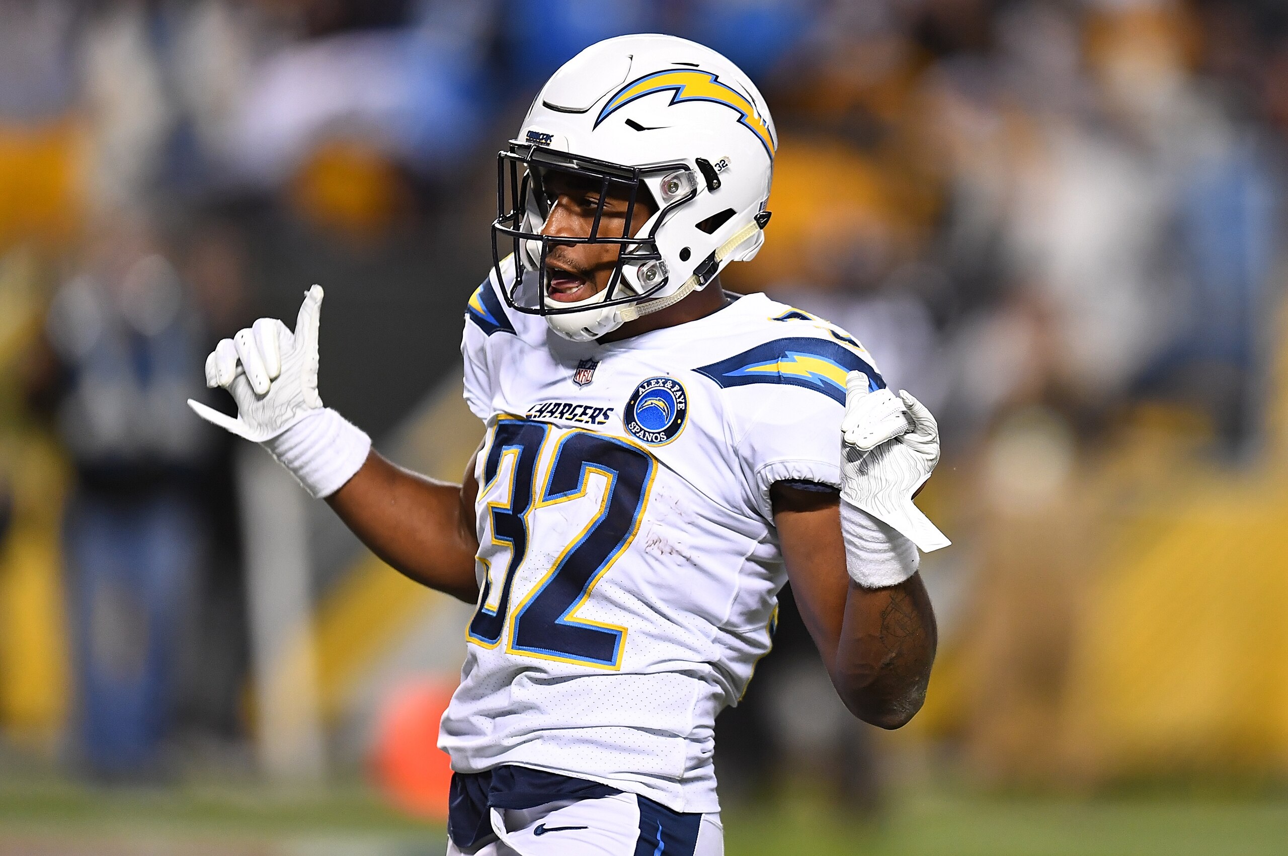 PITTSBURGH, PA - DECEMBER 02: Justin Jackson #32 of the Los Angeles Chargers reacts after rushing for an 18 yard touchdown in the fourth quarter during the game against the Pittsburgh Steelers at Heinz Field on December 2, 2018 in Pittsburgh, Pennsylvania