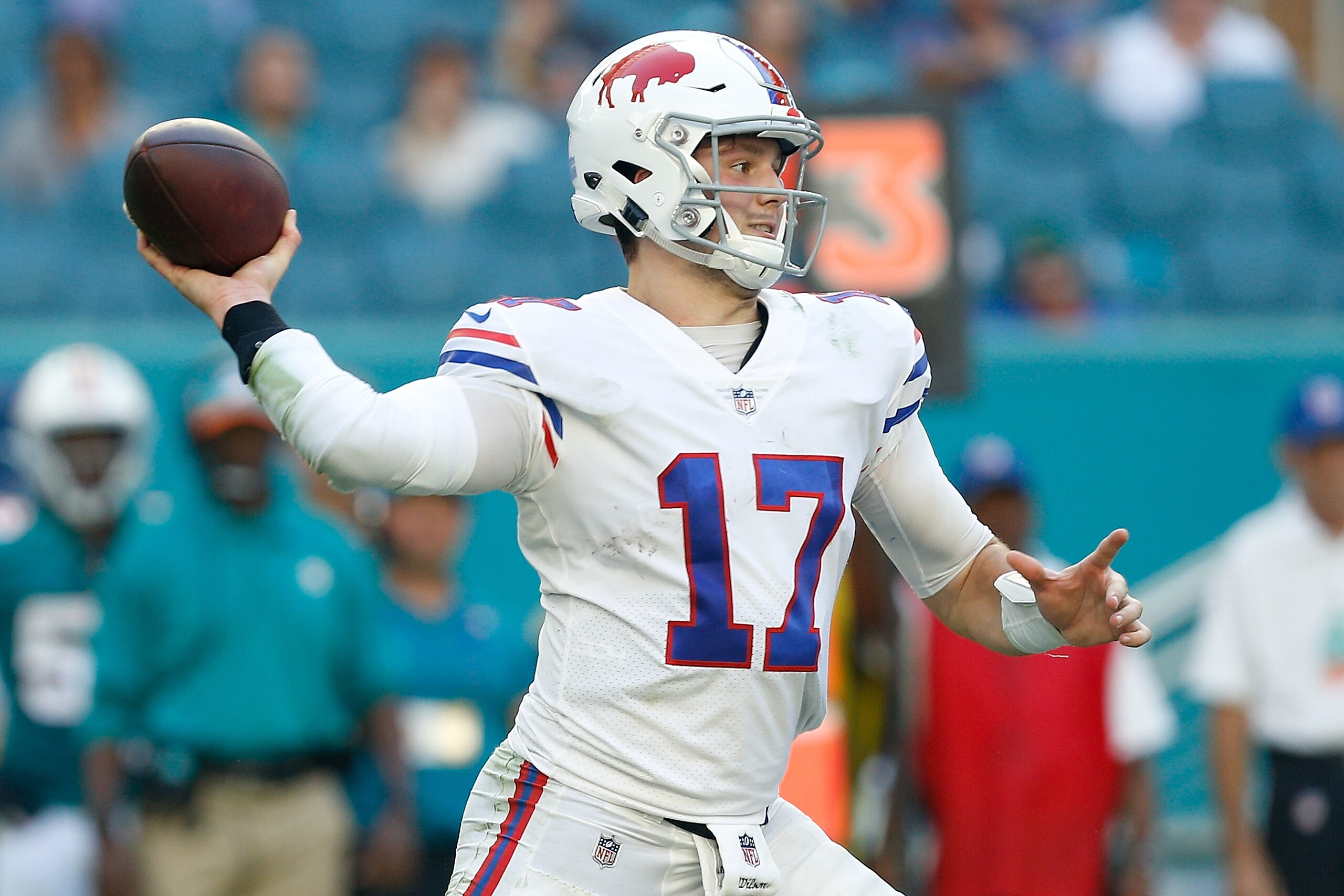 MIAMI, FL - DECEMBER 02: Josh Allen #17 of the Buffalo Bills looks to pass during the second half against the Miami Dolphins at Hard Rock Stadium on December 2, 2018 in Miami, Florida.  (Photo by Michael Reaves/Getty Images)