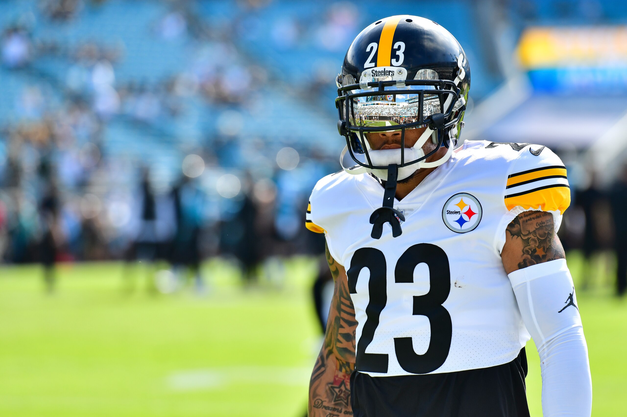 JACKSONVILLE, FL - NOVEMBER 18: Joe Haden #23 of the Pittsburgh Steelers warms up before the game between the Jacksonville Jaguars and the Pittsburgh Steelers at TIAA Bank Field on November 18, 2018 in Jacksonville, Florida.  (Photo by Julio Aguilar/Getty