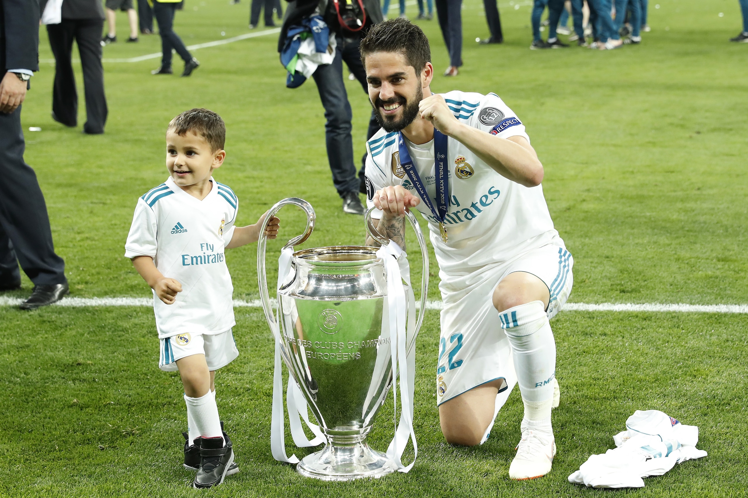 (L-R) Isco Alarcon Calderon, Isco of Real Madrid with UEFA Champions League trophy, Coupe des clubs Champions Europeens during the UEFA Champions League final between Real Madrid and Liverpool on May 26, 2018 at NSC Olimpiyskiy Stadium in Kyiv, Ukraine(Ph