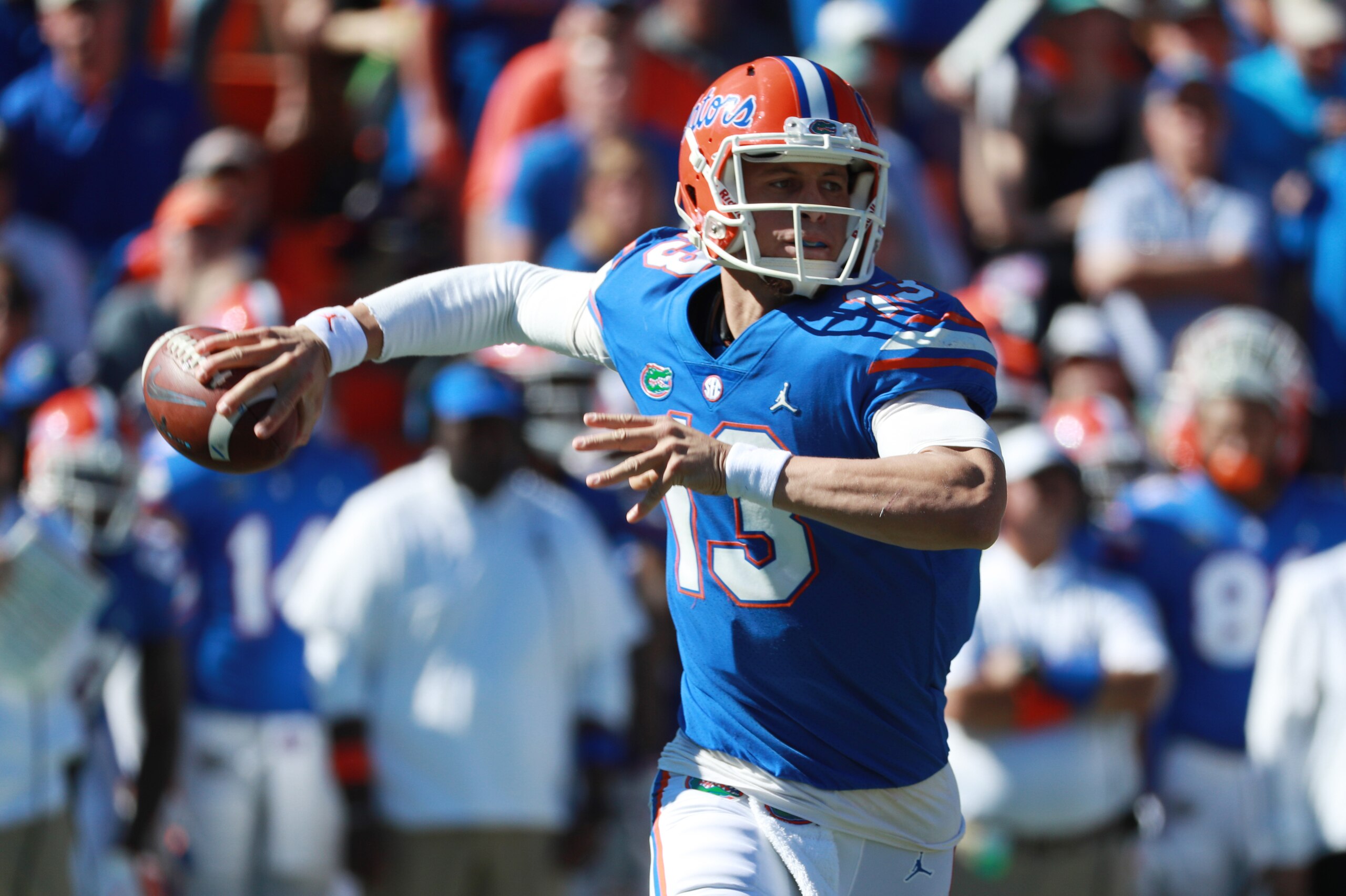 GAINESVILLE, FLORIDA - NOVEMBER 17:  Feleipe Franks #13 of the Florida Gators drops back to pass during the first half of their game against the Idaho Vandals at Ben Hill Griffin Stadium on November 17, 2018 in Gainesville, Florida. (Photo by Scott Haller