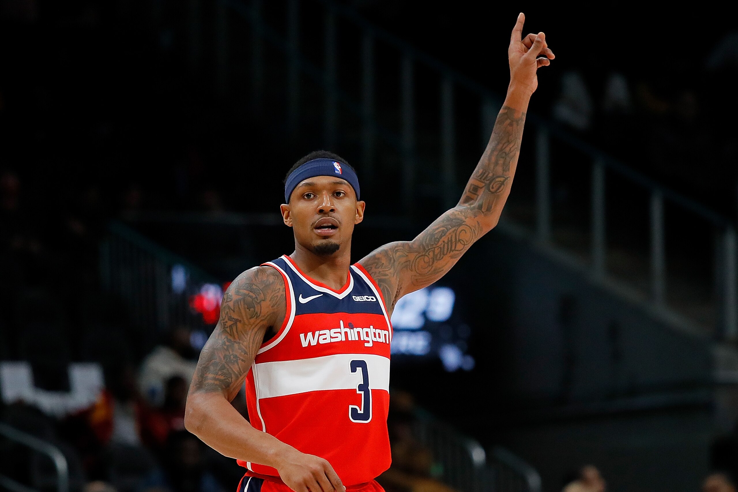 ATLANTA, GA - DECEMBER 05:  Bradley Beal #3 of the Washington Wizards reacts after hitting a basket against the Atlanta Hawks at State Farm Arena on December 5, 2018 in Atlanta, Georgia.  NOTE TO USER: User expressly acknowledges and agrees that, by downl