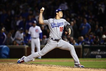 CHICAGO, IL - OCTOBER 19:  Kenta Maeda #18 of the Los Angeles Dodgers pitches in the seventh inning against the Chicago Cubs during game five of the National League Championship Series at Wrigley Field on October 19, 2017 in Chicago, Illinois.  (Photo by 