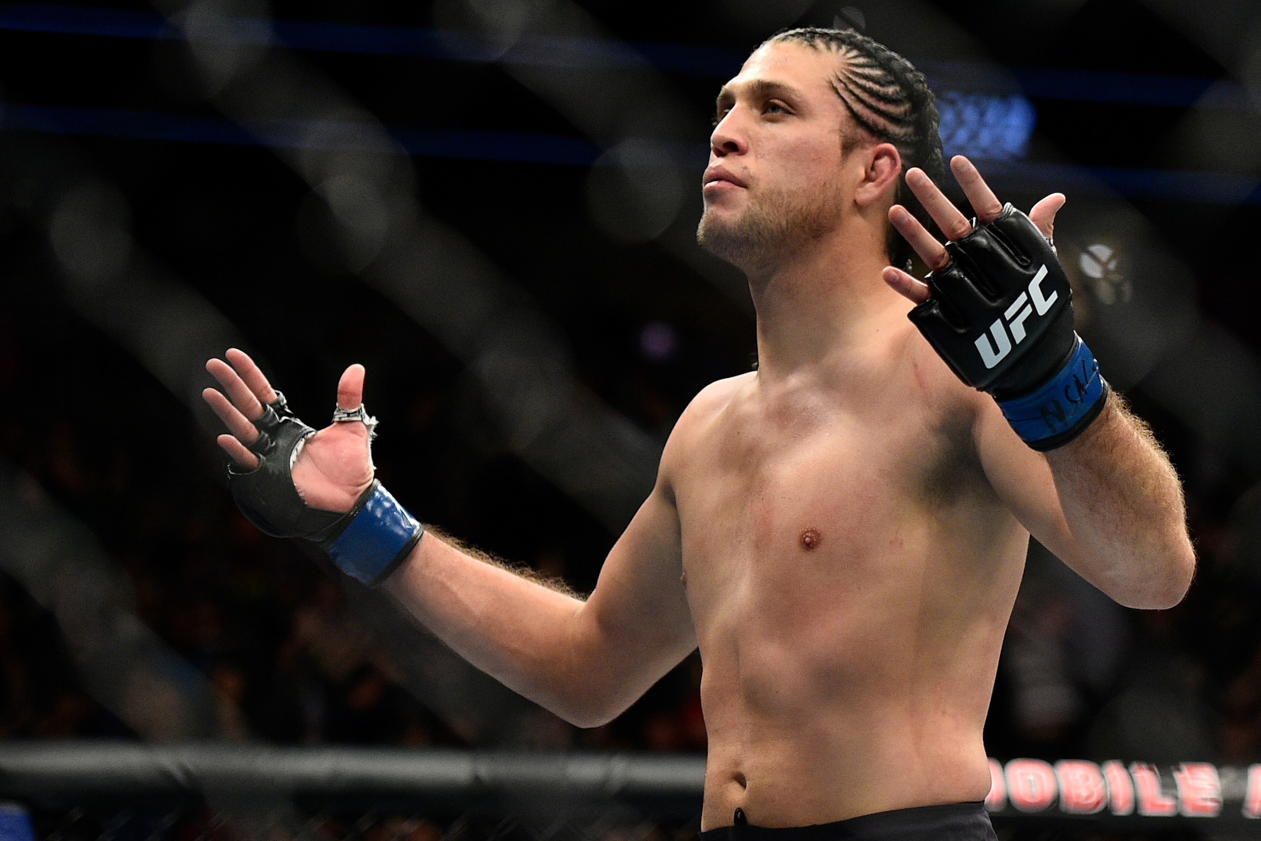 LAS VEGAS, NV - MARCH 03:   Brian Ortega celebrates after knocking out Frankie Edgar in their featherweight bout during the UFC 222 event inside T-Mobile Arena on March 3, 2018 in Las Vegas, Nevada. (Photo by Brandon Magnus/Zuffa LLC/Zuffa LLC via Getty I