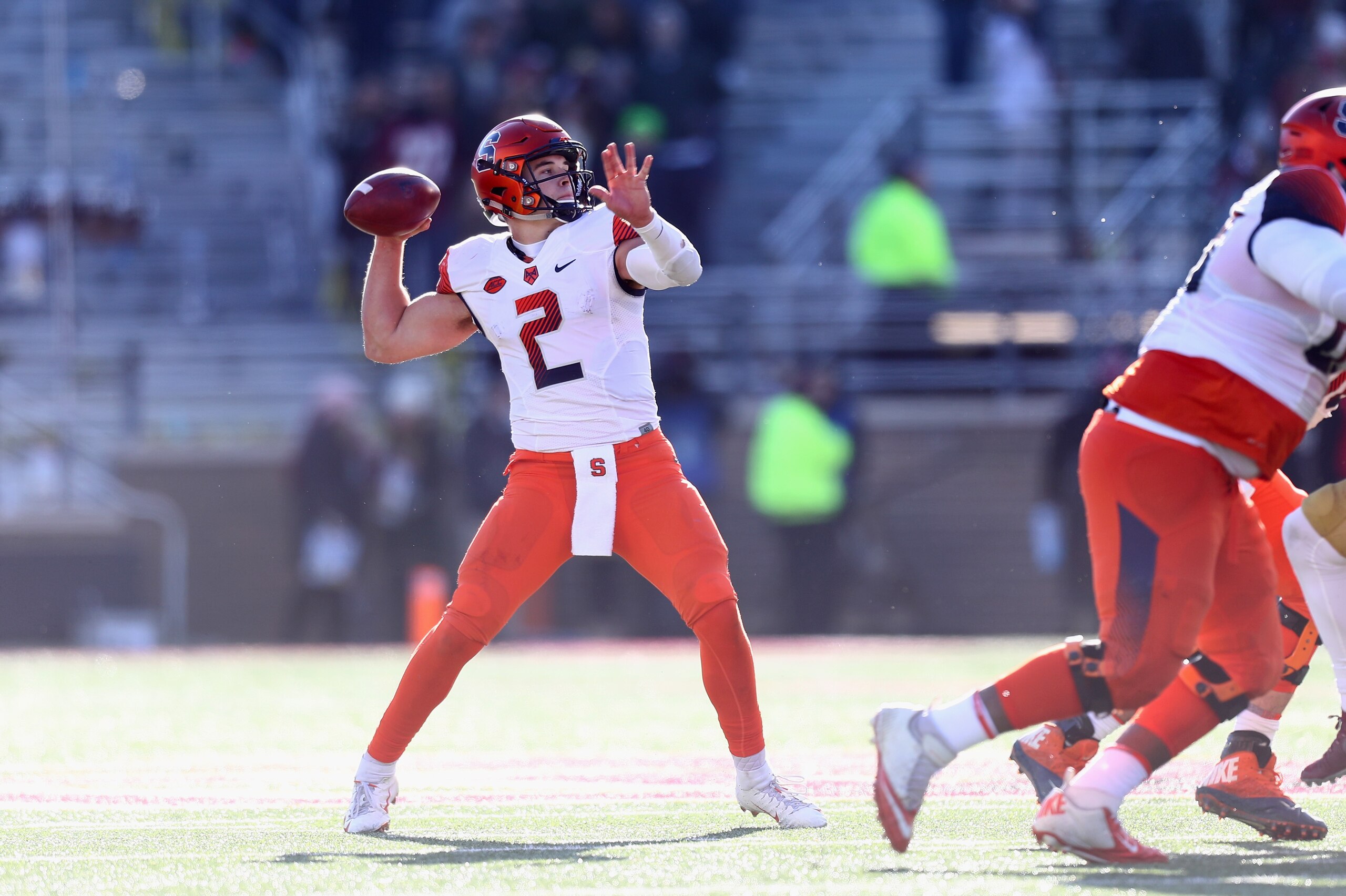CHESTNUT HILL, MA - NOVEMBER 24:  Quarterback Eric Dungey #2 of the Syracuse Orange looks to pass during the second quarter of the game against the Boston College Eagles at Alumni Stadium on November 24, 2018 in Chestnut Hill, Massachusetts.  (Photo by Om
