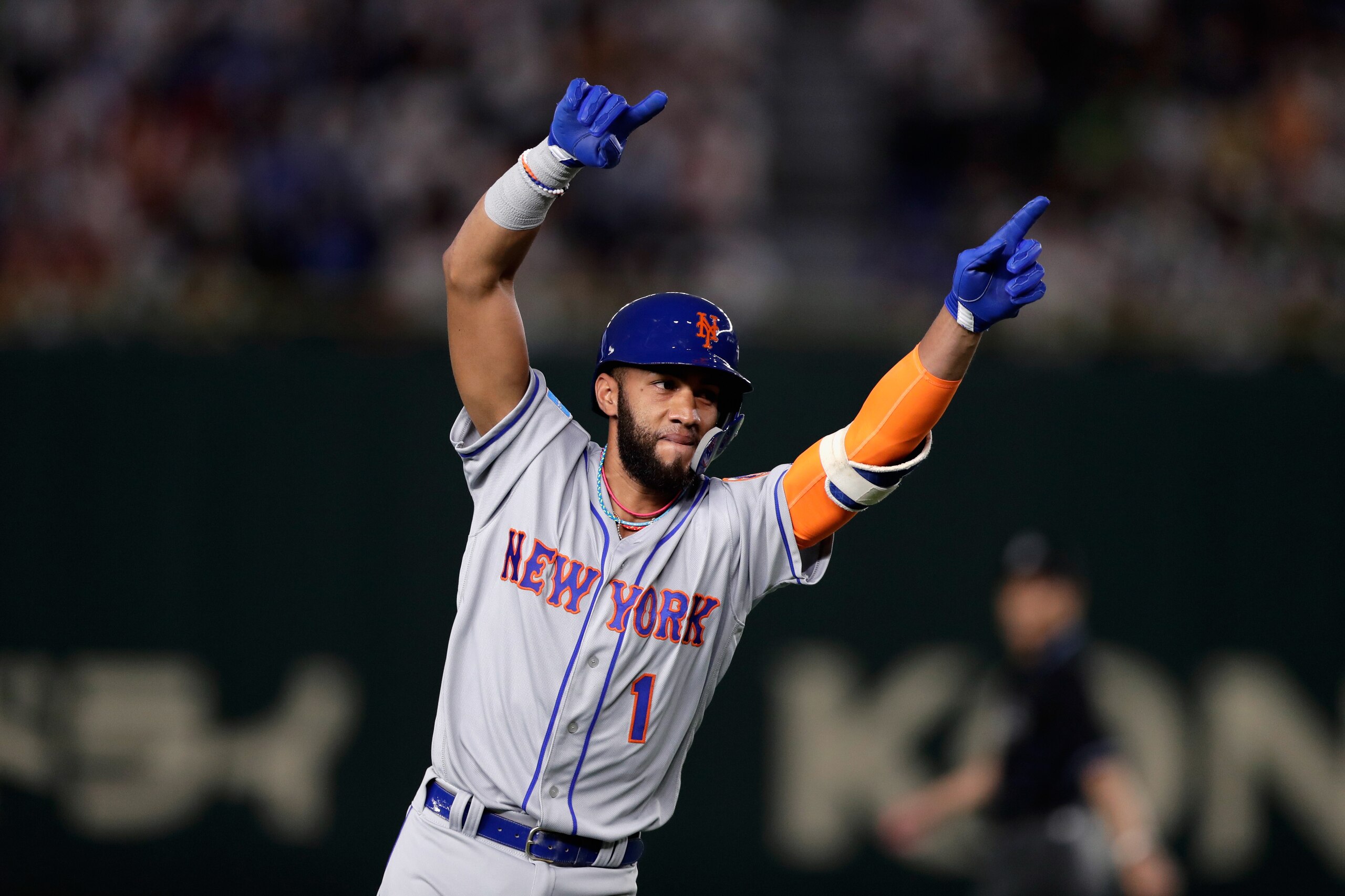 TOKYO, JAPAN - NOVEMBER 09:  Infielder Amed Rosario #1 of the New York Mets celebrates hitting a solo homer to make it 1-0 in the top of 3rd inning during the game one of the Japan and MLB All Stars at Tokyo Dome on November 9, 2018 in Tokyo, Japan.  (Pho