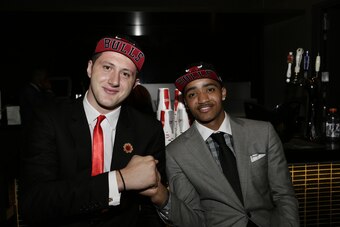 BROOKLYN - JUNE 26:  Nba draft picks of the Chicago Bulls Jusuf Nurkic and Gary Harris shake hands and smile for the camera 2014 NBA Draft on June 26, 2014 at the Barclays Center in Brooklyn New York. NOTE TO USER: User expressly acknowledges and agrees t