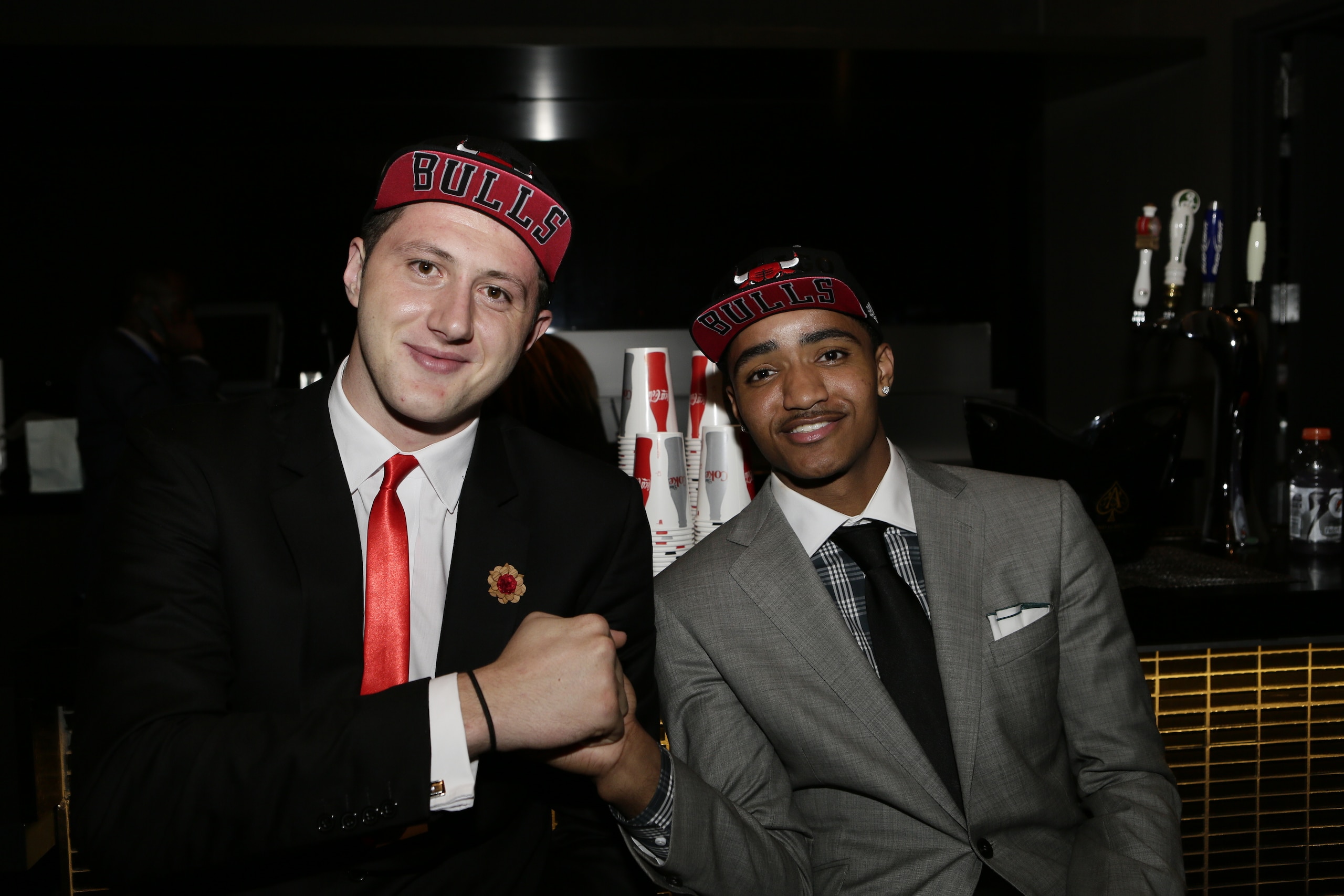 BROOKLYN - JUNE 26:  Nba draft picks of the Chicago Bulls Jusuf Nurkic and Gary Harris shake hands and smile for the camera 2014 NBA Draft on June 26, 2014 at the Barclays Center in Brooklyn New York. NOTE TO USER: User expressly acknowledges and agrees t