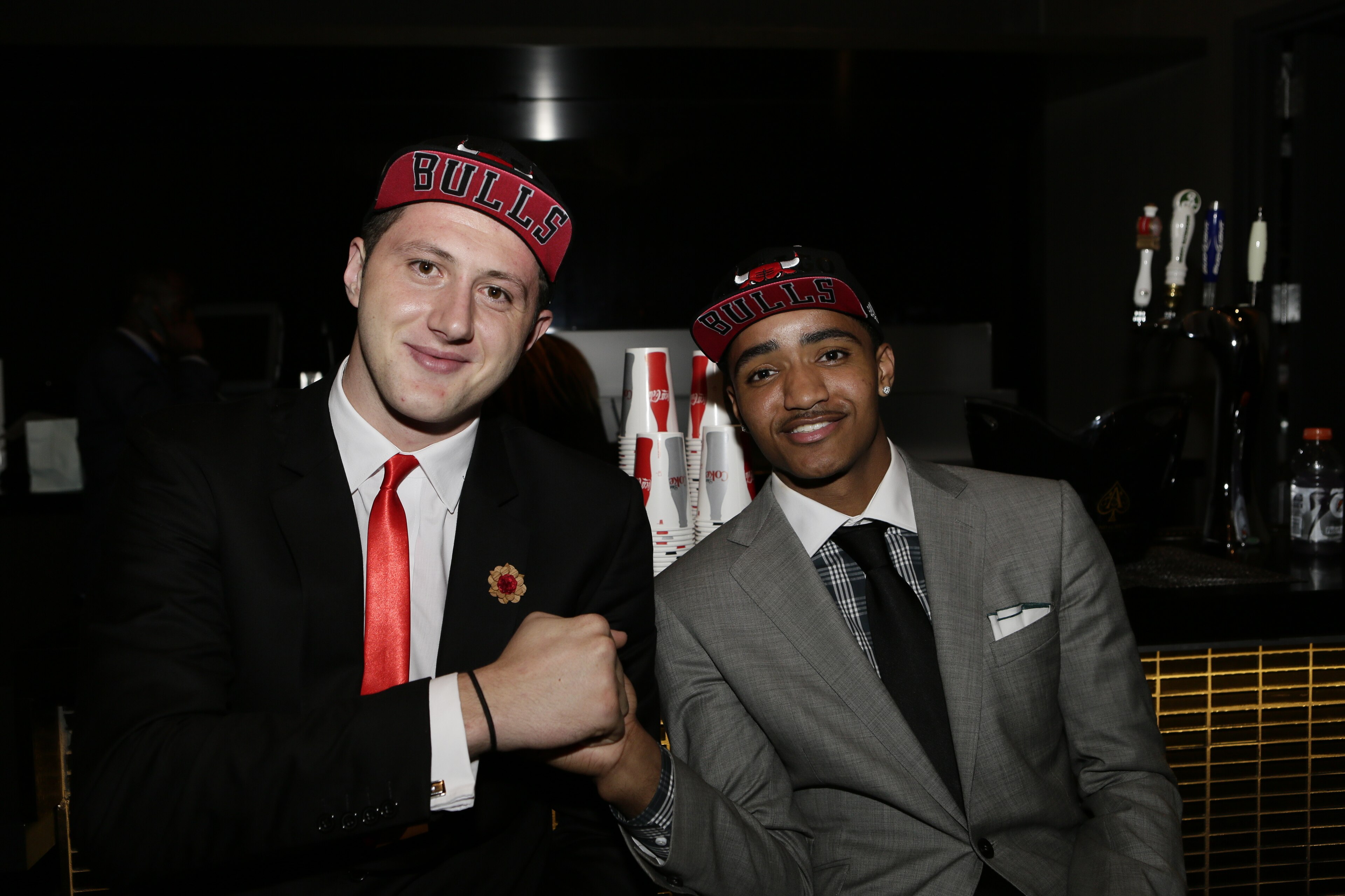BROOKLYN - JUNE 26: Nba draft picks of the Chicago Bulls Jusuf Nurkic and Gary Harris shake hands and smile for the camera 2014 NBA Draft on June 26, 2014 at the Barclays Center in Brooklyn New York. NOTE TO USER: User expressly acknowledges and agrees t BROOKLYN - JUNE 26: Nba draft picks of the Chicago Bulls Jusuf Nurkic and Gary Harris shake hands and smile for the camera 2014 NBA Draft on June 26, 2014 at the Barclays Center in Brooklyn New York. NOTE TO USER: User expressly acknowledges and agrees t