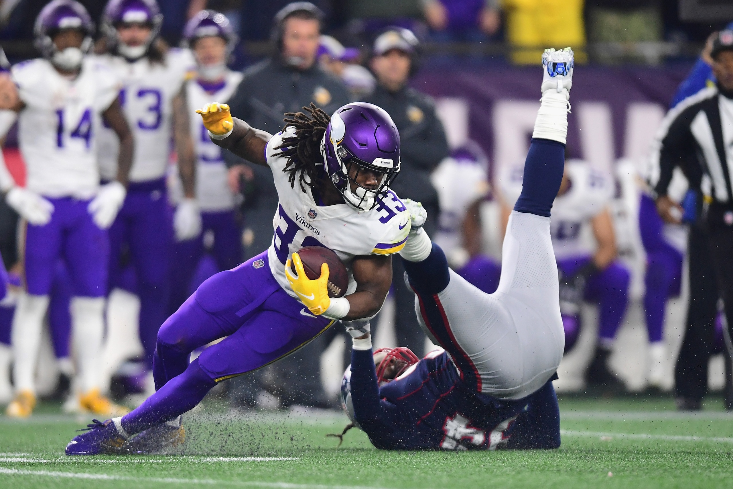 FOXBOROUGH, MA - DECEMBER 02:  Adrian Clayborn #94 of the New England Patriots is unable to tackle Dalvin Cook #33 of the Minnesota Vikings during the fourth quarter at Gillette Stadium on December 2, 2018 in Foxborough, Massachusetts.  (Photo by Billie W