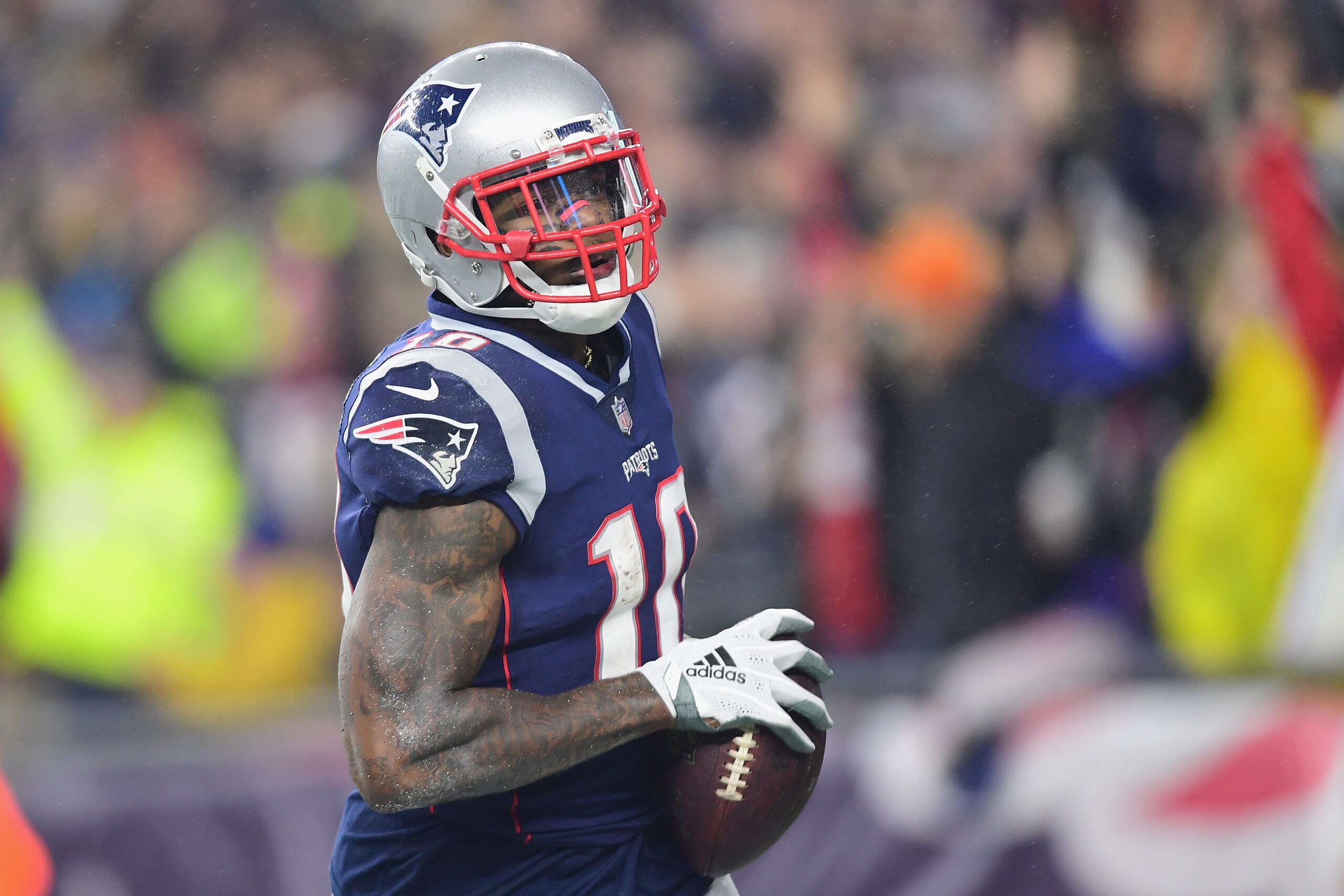 FOXBOROUGH, MA - DECEMBER 02:  Josh Gordon #10 of the New England Patriots reacts after scoring a touchdown during the third quarter against the Minnesota Vikings at Gillette Stadium on December 2, 2018 in Foxborough, Massachusetts.  (Photo by Billie Weis