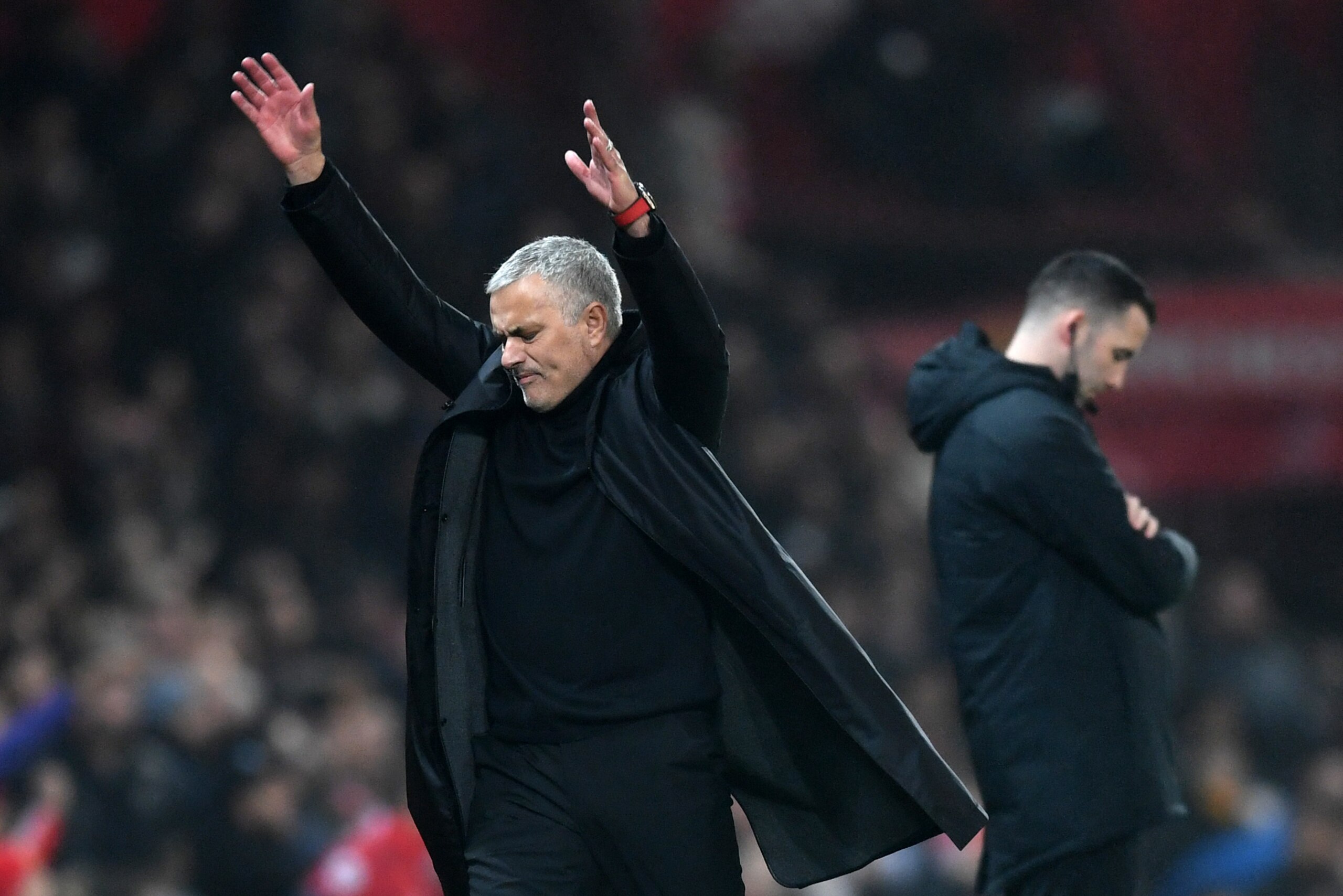 MANCHESTER, ENGLAND - DECEMBER 05:  Jose Mourinho, Manager of Manchester United reacts during the Premier League match between Manchester United and Arsenal FC at Old Trafford on December 5, 2018 in Manchester, United Kingdom.  (Photo by Michael Regan/Get