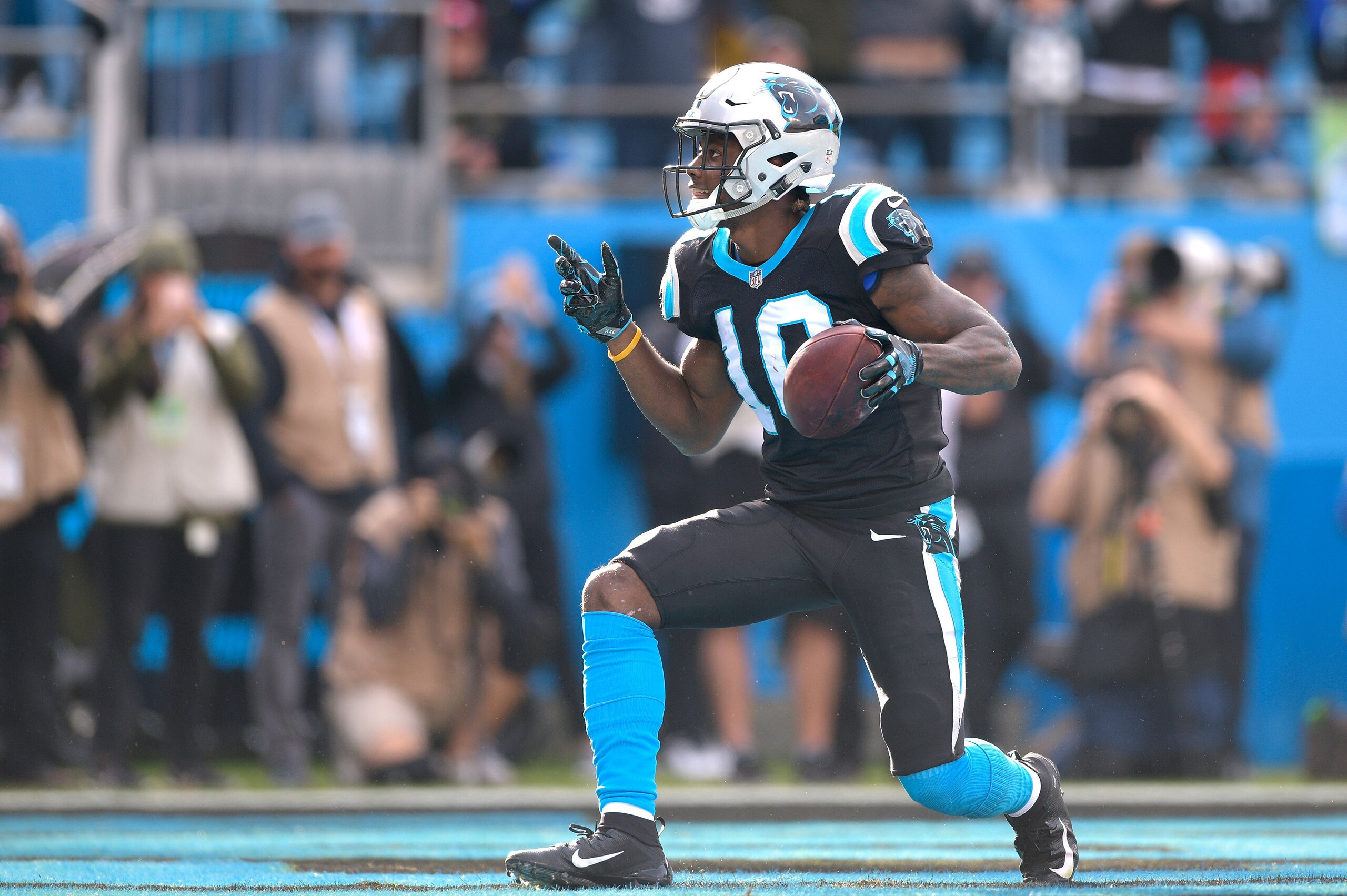 CHARLOTTE, NC - NOVEMBER 25: Curtis Samuel #10 of the Carolina Panthers celebrates after scoring against the Seattle Seahawks during the second half of their game at Bank of America Stadium on November 25, 2018 in Charlotte, North Carolina. The Seahawks CHARLOTTE, NC - NOVEMBER 25: Curtis Samuel #10 of the Carolina Panthers celebrates after scoring against the Seattle Seahawks during the second half of their game at Bank of America Stadium on November 25, 2018 in Charlotte, North Carolina. The Seahawks