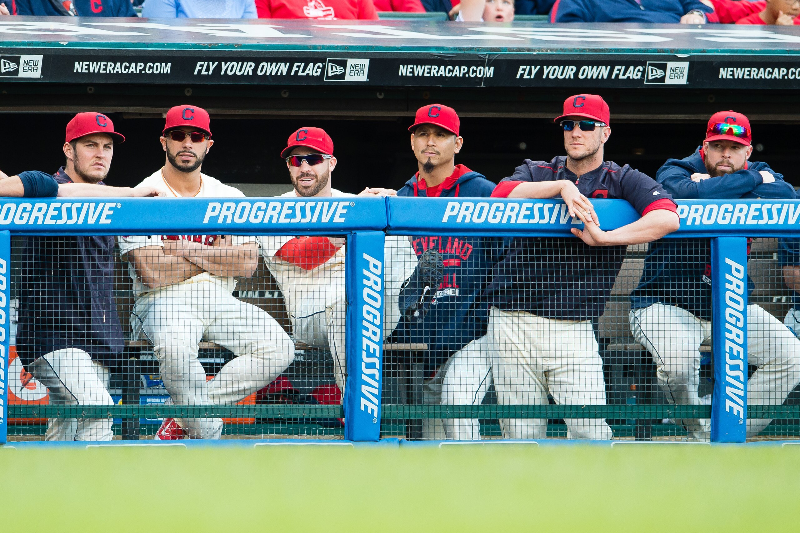 CLEVELAND, OH - OCTOBER 4: Trevor Bauer #47, Mike Aviles #4, Jason Kipnis #22, Carlos Carrasco #59, Yan Gomes #10, Corey Kluber #28 of the Cleveland Indians watch from the dugout during the eighth inning against the Boston Red Sox at Progressive Field on CLEVELAND, OH - OCTOBER 4: Trevor Bauer #47, Mike Aviles #4, Jason Kipnis #22, Carlos Carrasco #59, Yan Gomes #10, Corey Kluber #28 of the Cleveland Indians watch from the dugout during the eighth inning against the Boston Red Sox at Progressive Field on