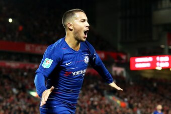 LIVERPOOL, ENGLAND - SEPTEMBER 26:  Eden Hazard of Chelsea celebrates after he scores his sides second goal during the Carabao Cup Third Round match between Liverpool and Chelsea at Anfield on September 26, 2018 in Liverpool, England.  (Photo by Jan Kruge