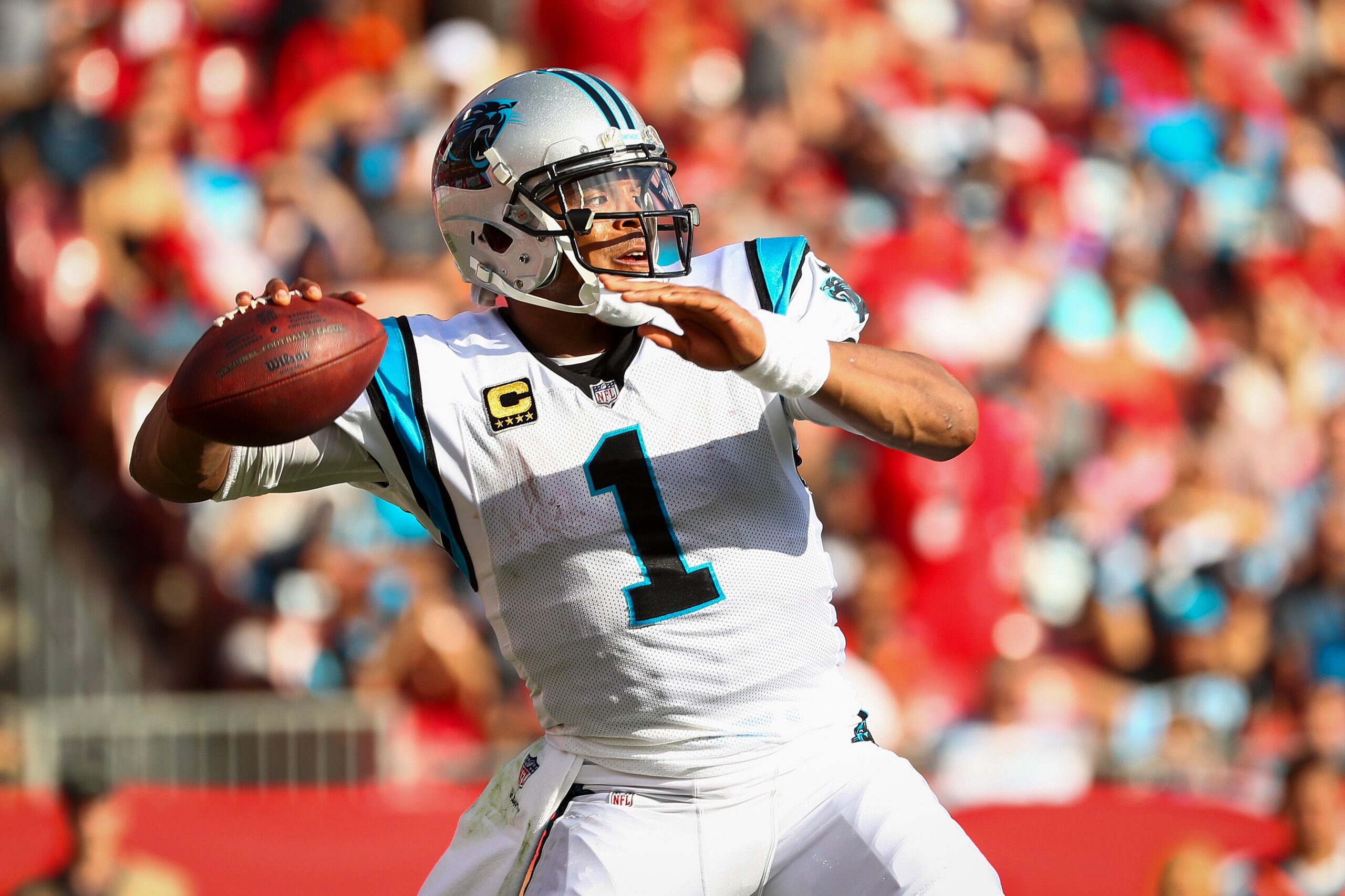 TAMPA, FL - DECEMBER 02: Quarterback Cam Newton #1 of the Carolina Panthers drops back to pass in the second half of the game against the Tampa Bay Buccaneers at Raymond James Stadium on December 2, 2018 in Tampa, Florida. (Photo by Will Vragovic/Getty Im