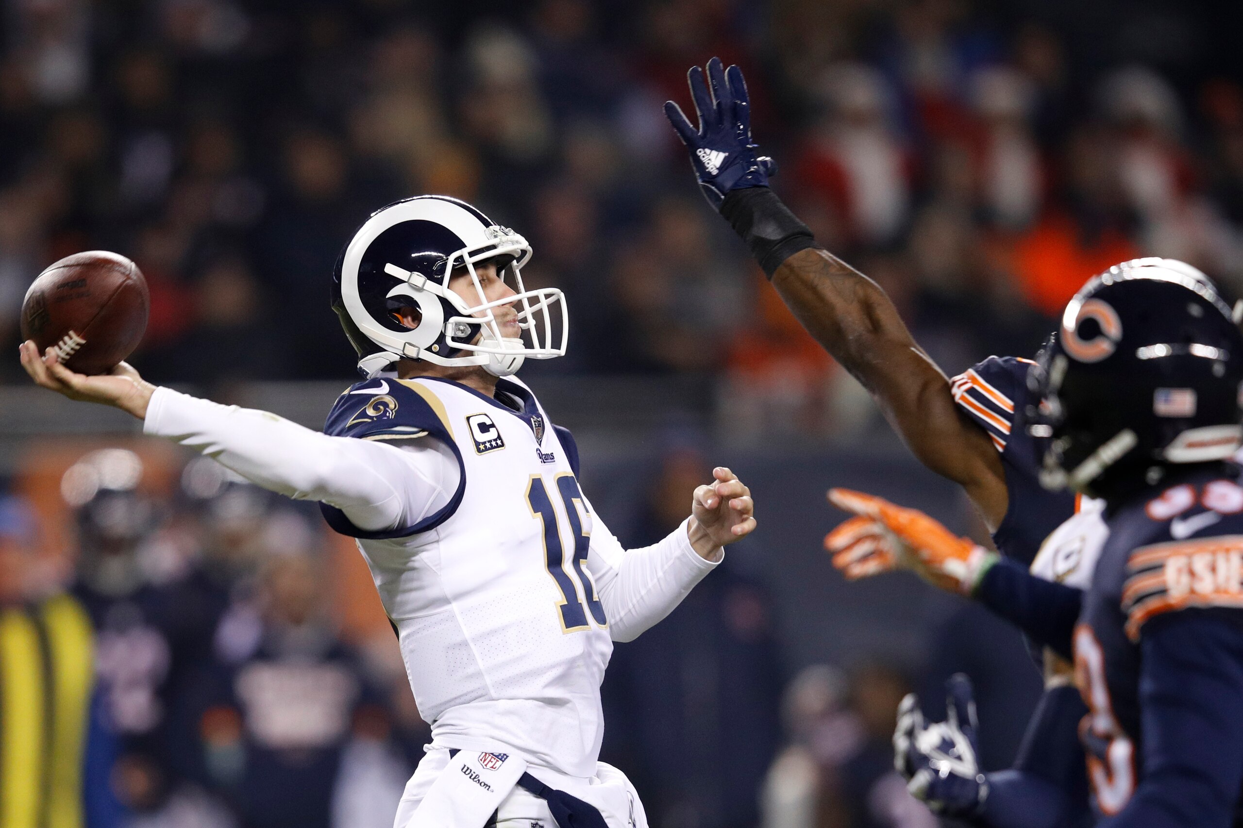 CHICAGO, IL - DECEMBER 09: Quarterback Jared Goff #16 of the Los Angeles Rams throws the football in the first quarter against the Chicago Bears at Soldier Field on December 9, 2018 in Chicago, Illinois. (Photo by Joe Robbins/Getty Images) CHICAGO, IL - DECEMBER 09: Quarterback Jared Goff #16 of the Los Angeles Rams throws the football in the first quarter against the Chicago Bears at Soldier Field on December 9, 2018 in Chicago, Illinois. (Photo by Joe Robbins/Getty Images)