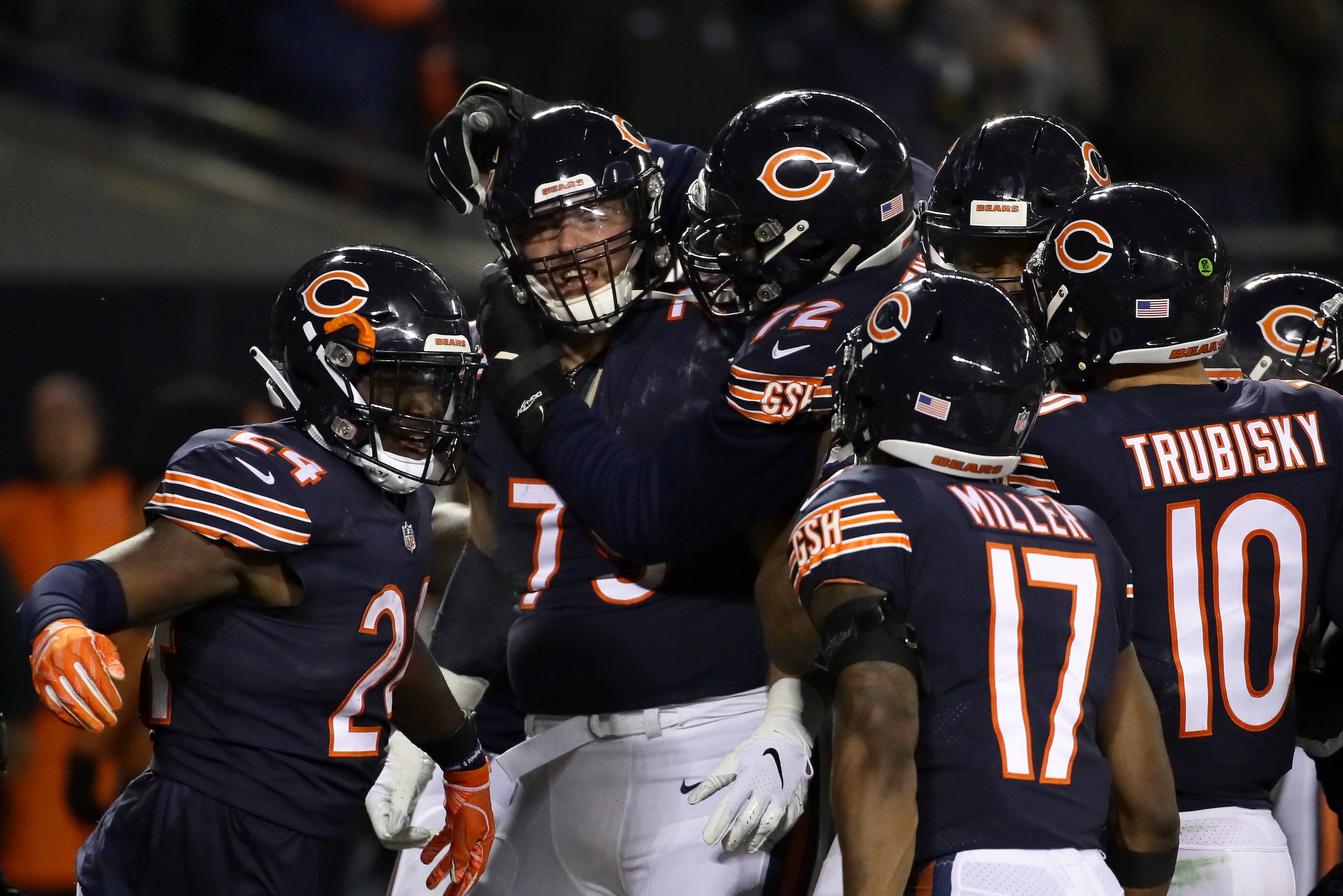 CHICAGO, IL - DECEMBER 09: Bradley Sowell #79 of the Chicago Bears celebrates with teammates after scoring a touchdown in the third quarter against the Los Angeles Rams at Soldier Field on December 9, 2018 in Chicago, Illinois. (Photo by Jonathan Daniel CHICAGO, IL - DECEMBER 09: Bradley Sowell #79 of the Chicago Bears celebrates with teammates after scoring a touchdown in the third quarter against the Los Angeles Rams at Soldier Field on December 9, 2018 in Chicago, Illinois. (Photo by Jonathan Daniel