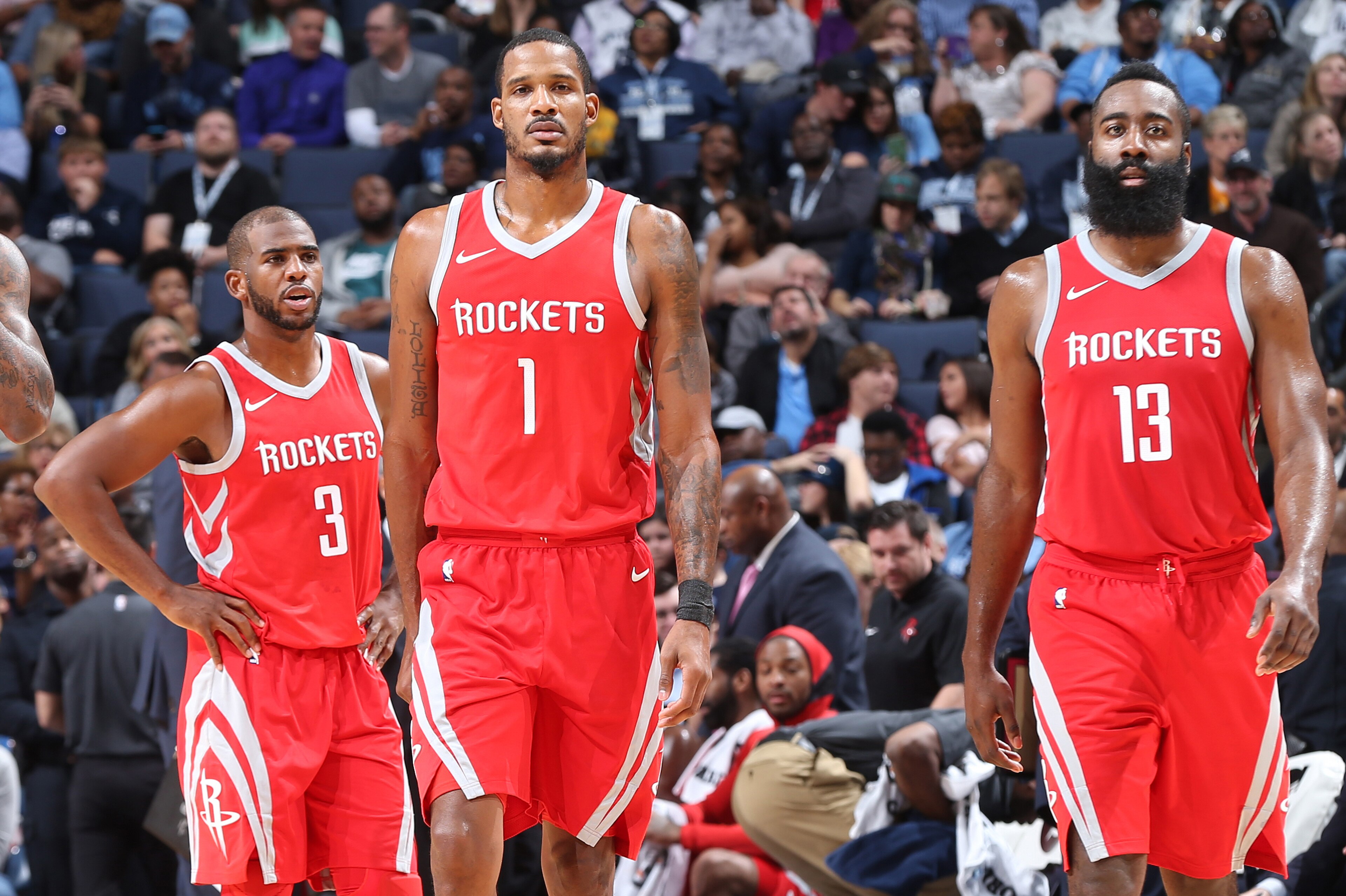 MEMPHIS, TN - NOVEMBER 18: Tarik Black #28, Chris Paul #3, Trevor Ariza #1, and James Harden #13 of the Houston Rockets look on during the game against the Memphis Grizzlies on November 18, 2017 at FedExForum in Memphis, Tennessee. NOTE TO USER: User expr