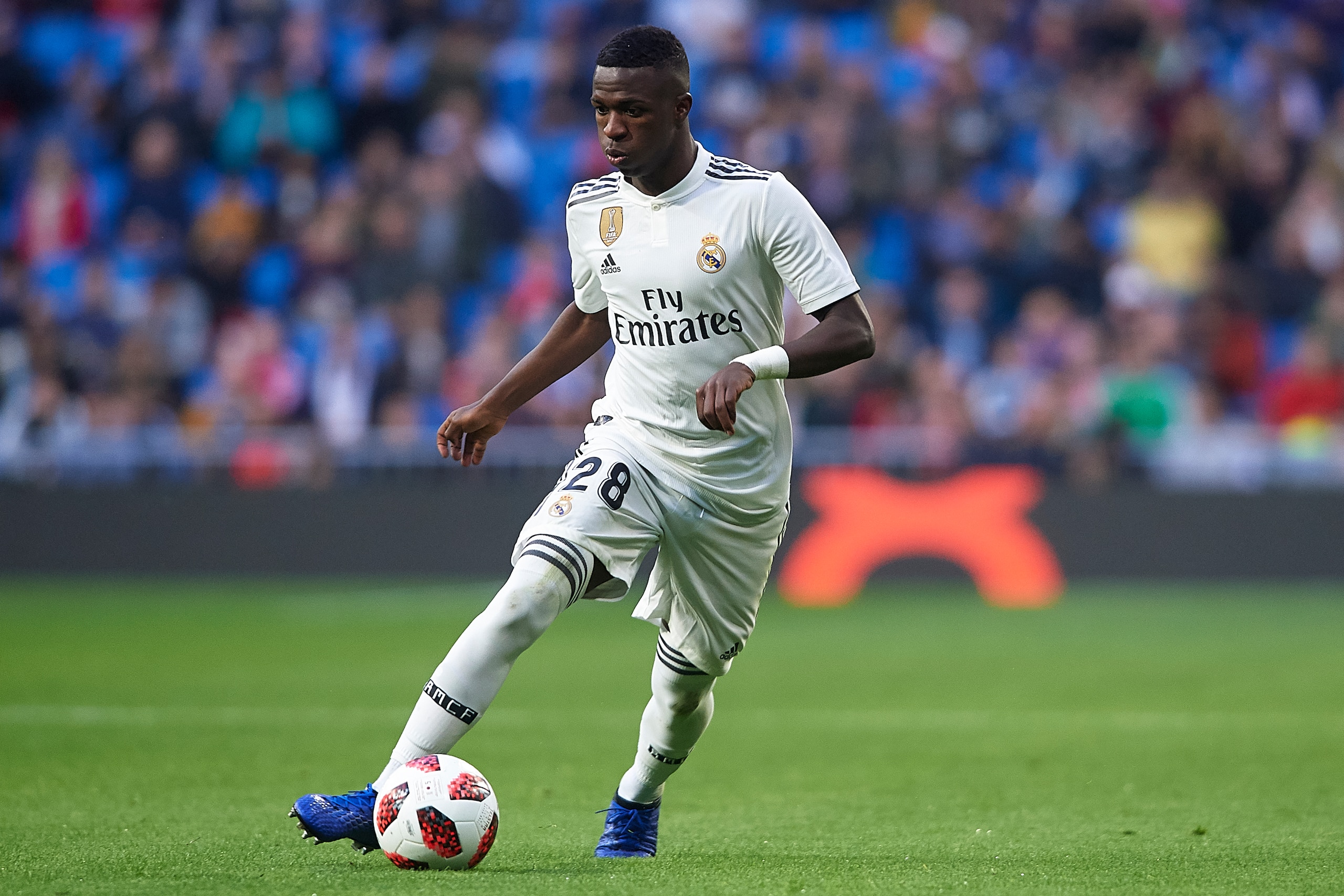 MADRID, SPAIN - DECEMBER 06: Vinicius Junior of Real Madrid in action during the Spanish Copa del Rey second leg match between Real Madrid and UD Melilla at Santiago Bernabeu on December 06, 2018 in Madrid, Spain. (Photo by Quality Sport Images/Getty Imag