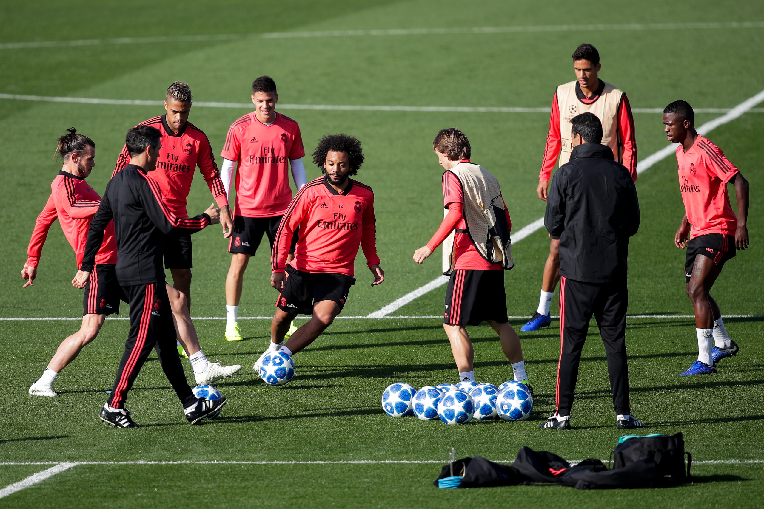 MADRID, SPAIN - OCTOBER 22: Gareth Bale of Real Madrid, Mariano of Real Madrid, Marcelo of Real Madrid, Luka Modric of Real Madrid, Raphael Varane of Real Madrid, Vinicius Junior of Real Madrid during the   Training session Real Madrid at the Santiago Ber