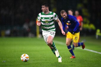 Celtic's Scottish defender Kieran Tierney runs during a UEFA Europa league group stage football match between Celtic and Liepzig at Celtic Park stadium in Glasgow, Scotland on November 8, 2018. (Photo by ANDY BUCHANAN / AFP)        (Photo credit should re