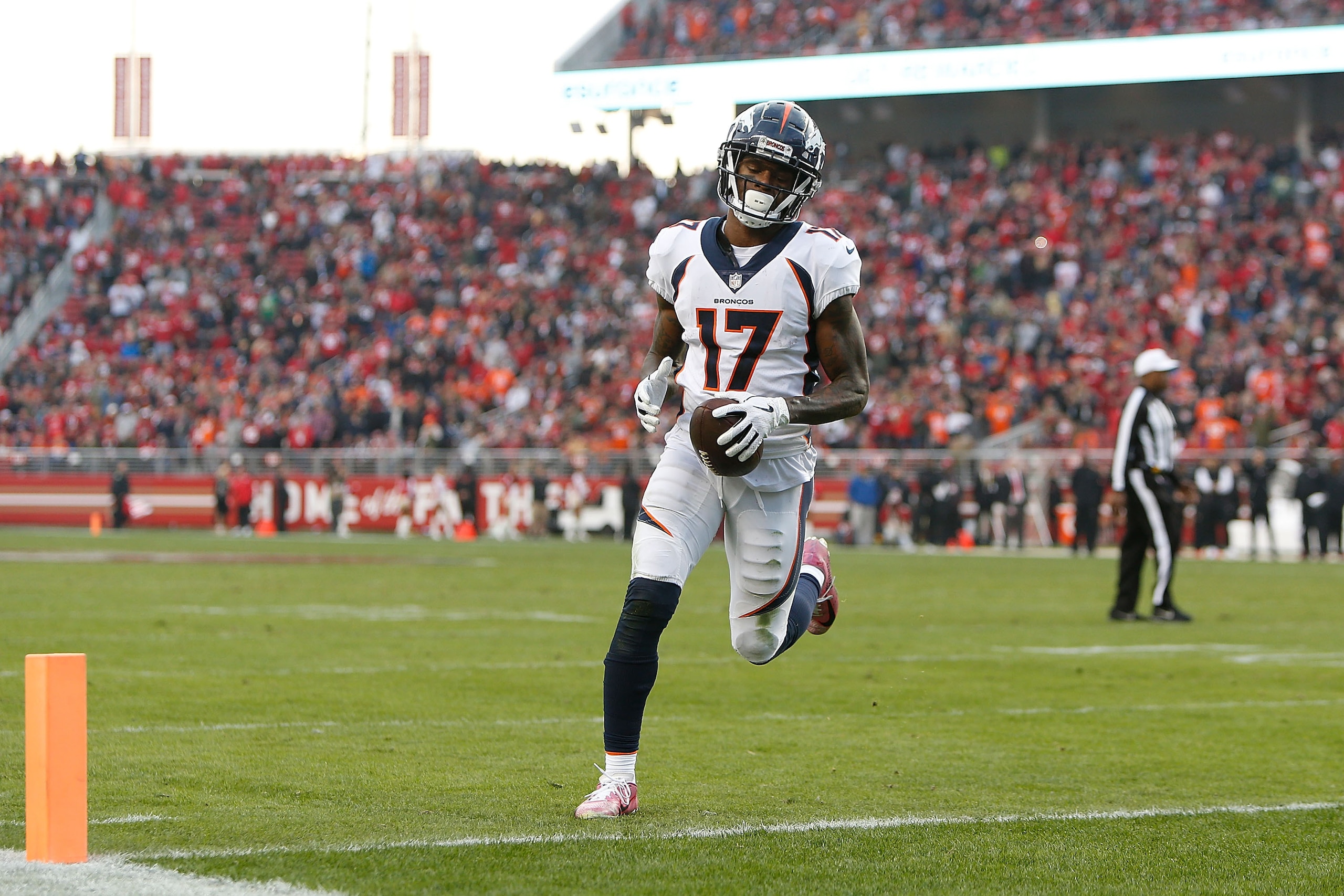 SANTA CLARA, CA - DECEMBER 09: DaeSean Hamilton #17 of the Denver Broncos crosses the goal line to score a touchdown against the San Francisco 49ers at Levi's Stadium on December 9, 2018 in Santa Clara, California. (Photo by Lachlan Cunningham/Getty Image