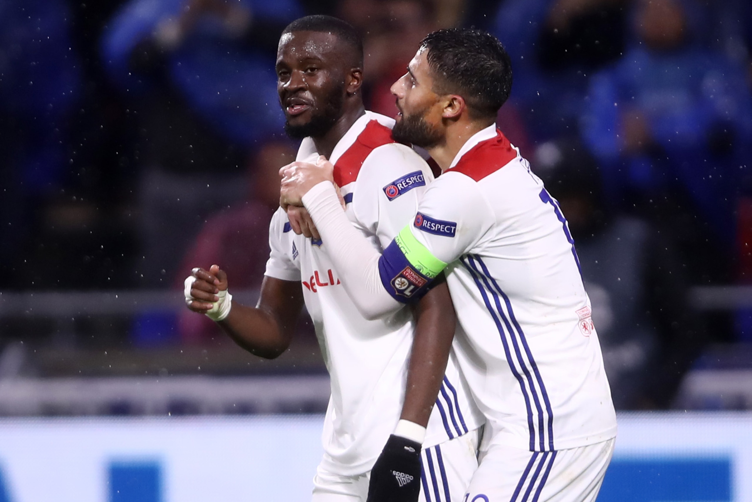 LYON, FRANCE - NOVEMBER 07: Tanguy Ndombele of Olympique Lyonnais celebrates after scoring his team's second goal with Nabil Fekir of Olympique Lyonnais during the UEFA Champions League Group F match between Olympique Lyonnais and TSG 1899 Hoffenheim at G