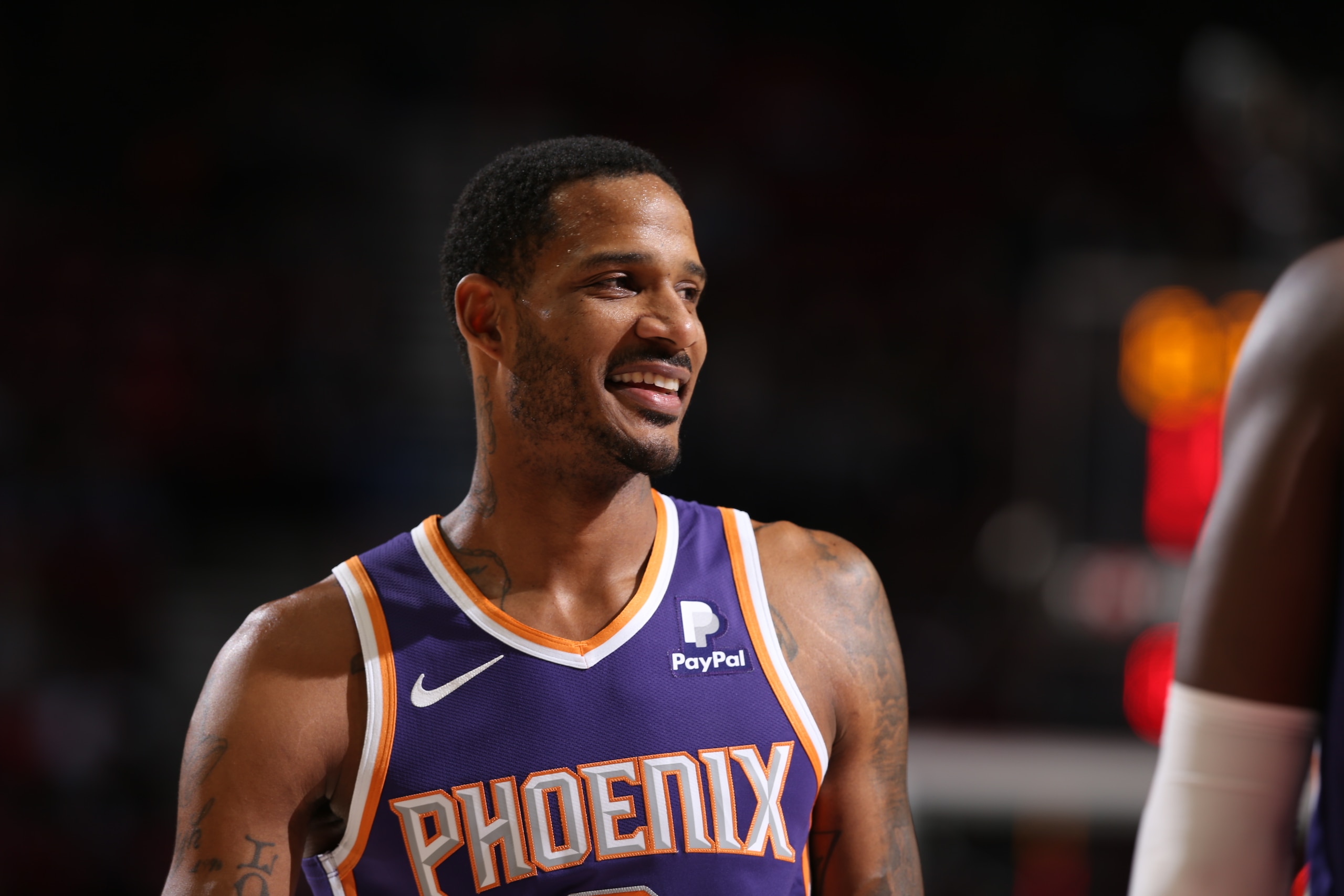 PORTLAND, OR - DECEMBER 6: Trevor Ariza #3 of the Phoenix Suns looks on during the game against the Portland Trail Blazers on December 6, 2018 at the Moda Center Arena in Portland, Oregon. NOTE TO USER: User expressly acknowledges and agrees that, by down