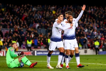 BARCELONA, SPAIN - DECEMBER 11: Lucas Moura of Tottenham Hotspur celebrates after scoring a goal to make it 1-1 during the UEFA Champions League Group B match between FC Barcelona and Tottenham Hotspur at Camp Nou on December 11, 2018 in Barcelona, Spain.