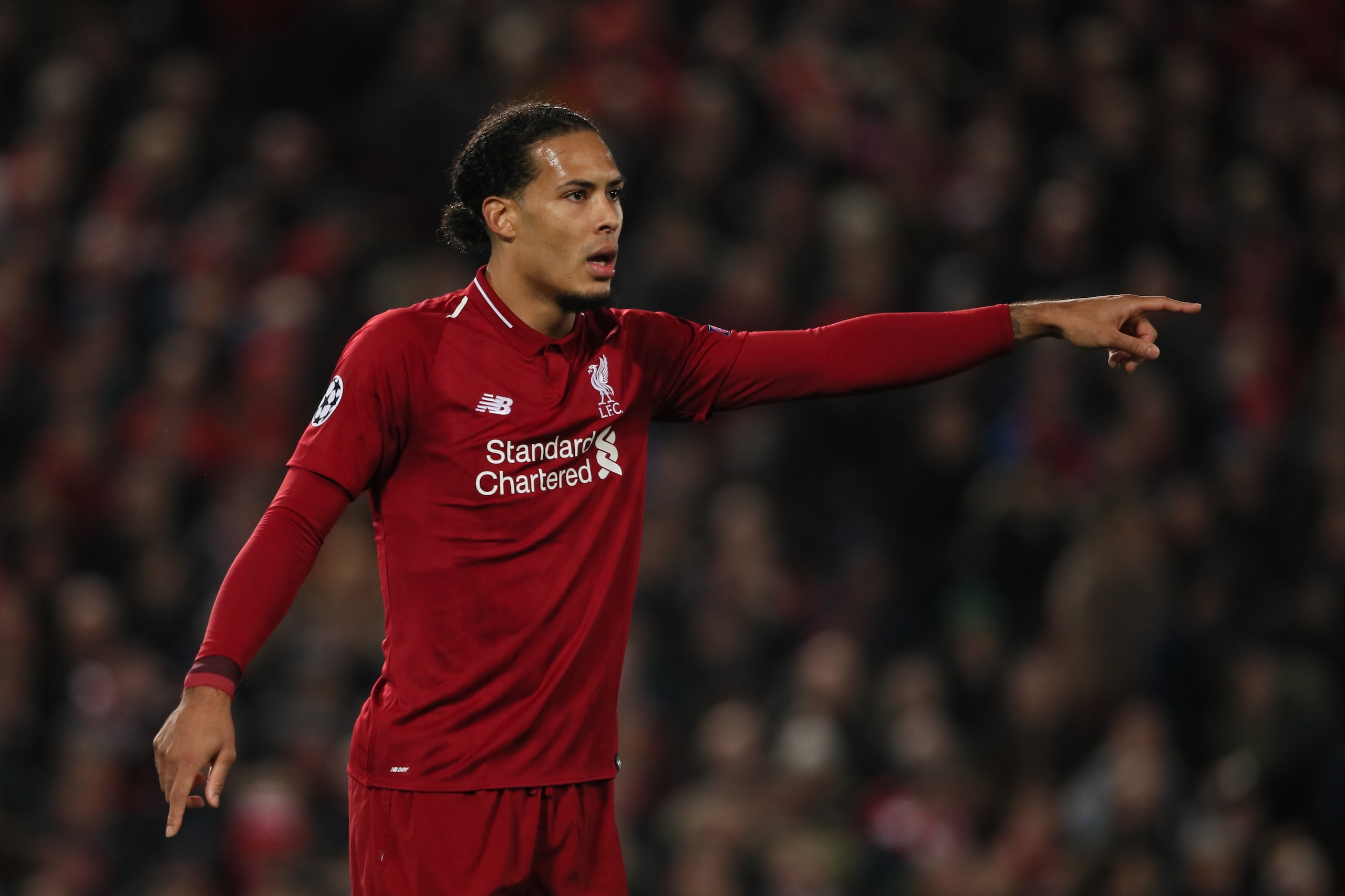 LIVERPOOL, ENGLAND - DECEMBER 11: Virgil van Dijk of Liverpool during the UEFA Champions League Group C match between Liverpool and SSC Napoli at Anfield on December 11, 2018 in Liverpool, United Kingdom. (Photo by Matthew Ashton - AMA/Getty Images)