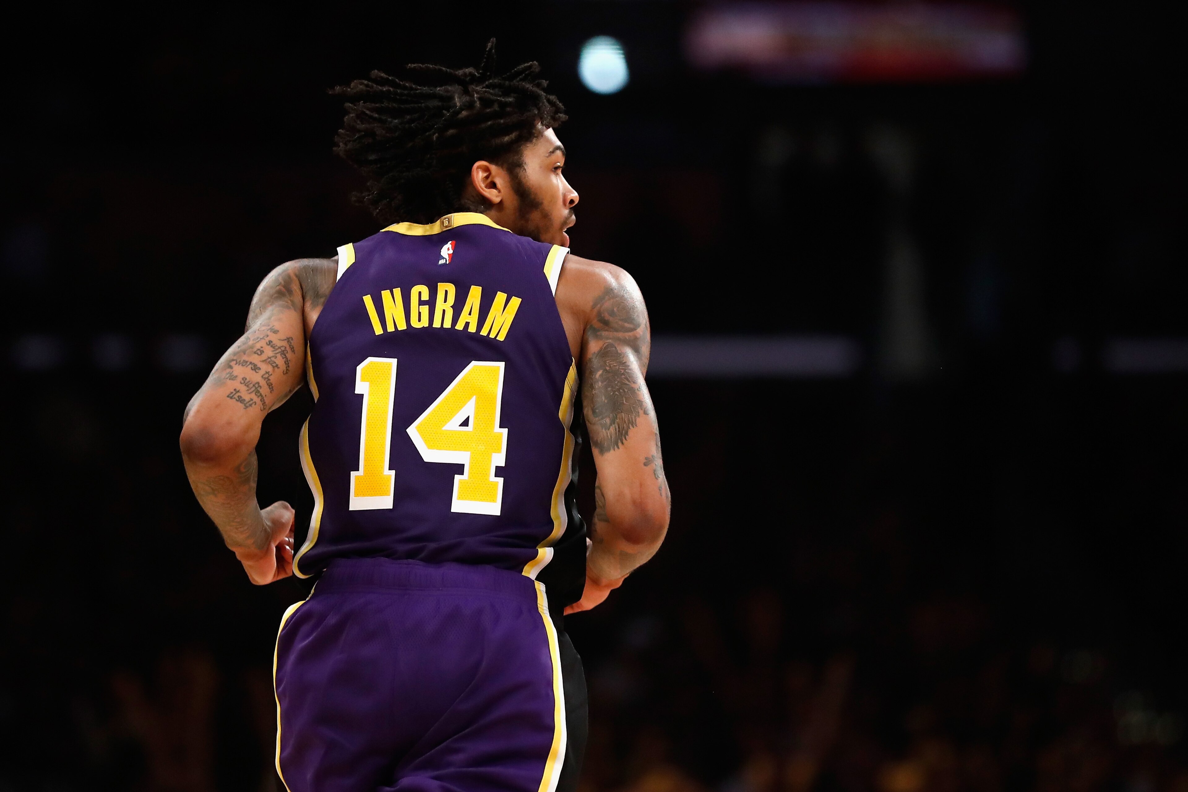 LOS ANGELES, CA - OCTOBER 31:  Brandon Ingram #14 of the Los Angeles Lakers looks on during the second half of a game at Staples Center on October 31, 2018 in Los Angeles, California.  NOTE TO USER: User expressly acknowledges and agrees that, by download