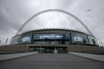 A general view of the exterior of Wembley Stadium is pictured in west London, on April 27, 2018. - The Football Association have received an offer to buy iconic Wembley stadium in a shock move that increases the chances of an NFL team taking up permanent 