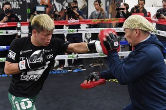 LAS VEGAS, NEVADA - DECEMBER 06:  Tenshin Nasukawa (L) works out with his father Hiroyuki Nasukawa at the Mayweather Boxing Club on December 6, 2018 in Las Vegas, Nevada. Tenshin Nasukawa will meet Floyd Mayweather Jr. in a three-round boxing exhibition a