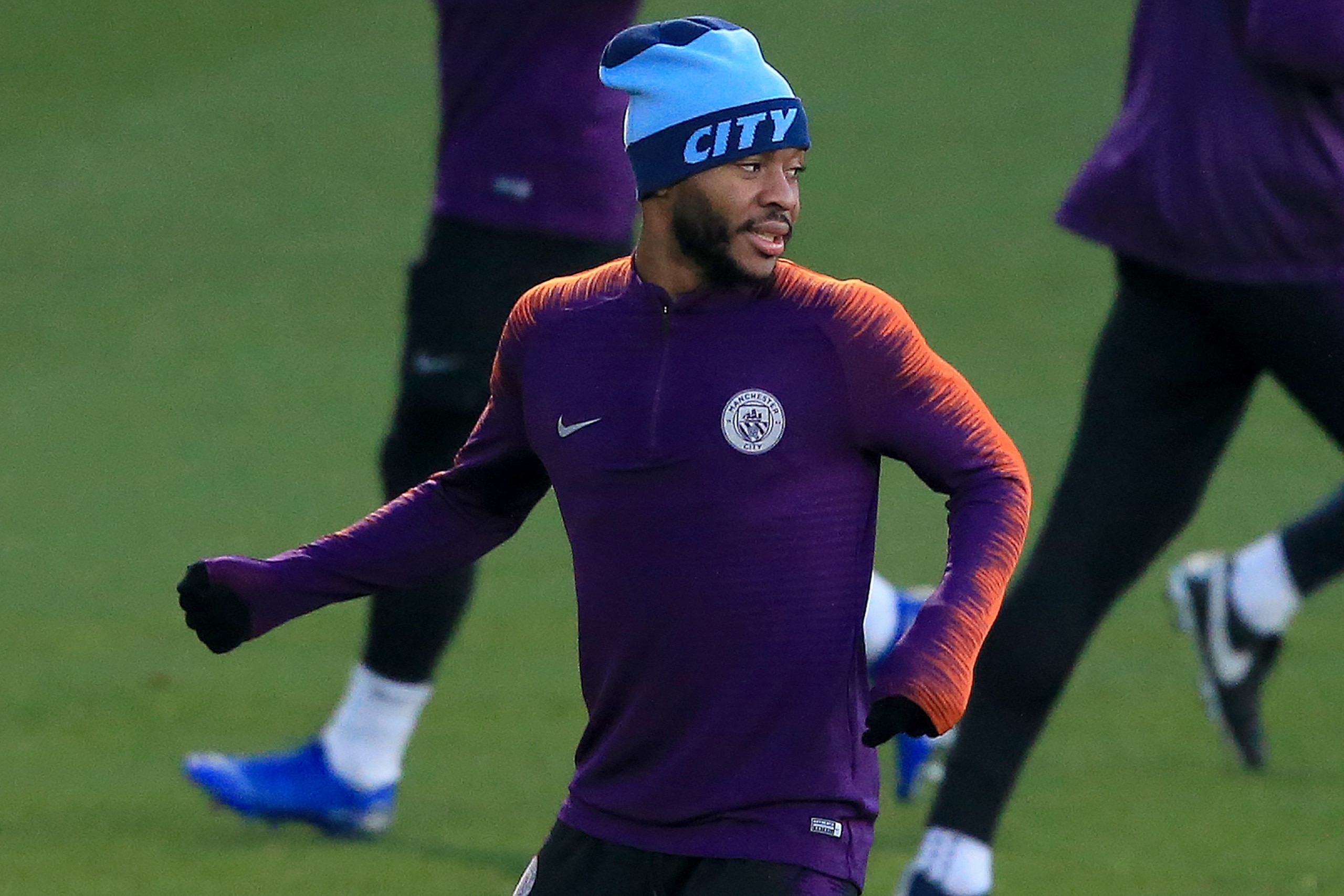 Manchester City's English midfielder Raheem Sterling attends a team training session at City Football Academy in Manchester, north west England on December 11, 2018 on the eve of their UEFA Champions League Group F football match against Hoffenheim. (Phot Manchester City's English midfielder Raheem Sterling attends a team training session at City Football Academy in Manchester, north west England on December 11, 2018 on the eve of their UEFA Champions League Group F football match against Hoffenheim. (Phot