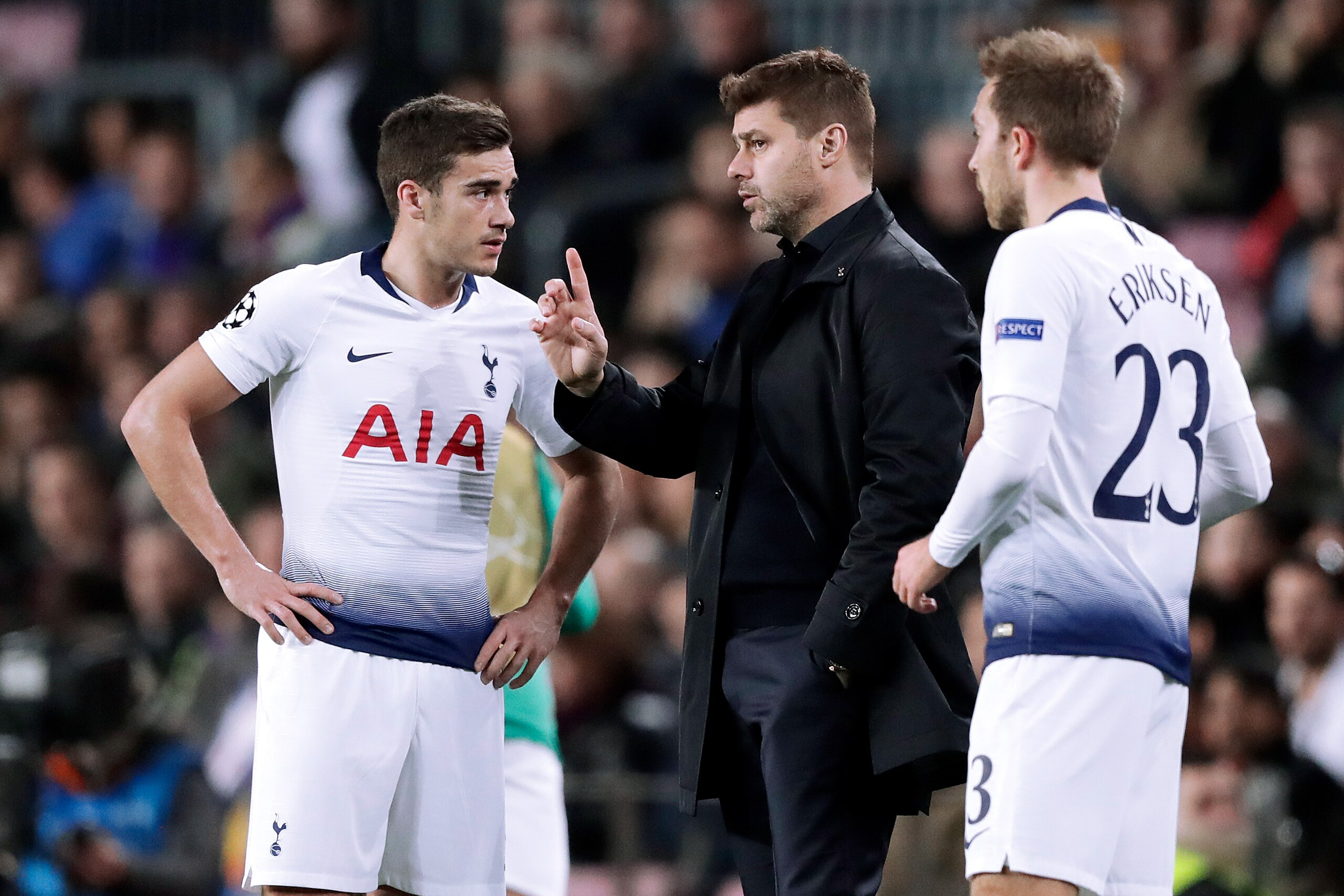 BARCELONA, SPAIN - DECEMBER 11: (L-R) Heung Min Son of Tottenham Hotspur, coach Mauricio Pochettino of Tottenham Hotspur, Christian Eriksen of Tottenham Hotspur during the UEFA Champions League match between FC Barcelona v Tottenham Hotspur at the Camp BARCELONA, SPAIN - DECEMBER 11: (L-R) Heung Min Son of Tottenham Hotspur, coach Mauricio Pochettino of Tottenham Hotspur, Christian Eriksen of Tottenham Hotspur during the UEFA Champions League match between FC Barcelona v Tottenham Hotspur at the Camp