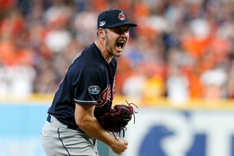 HOUSTON, TX - OCTOBER 06:  Trevor Bauer #47 of the Cleveland Indians reacts against the Houston Astros at the end of the sixth inning during Game Two of the American League Division Series at Minute Maid Park on October 6, 2018 in Houston, Texas.  (Photo 