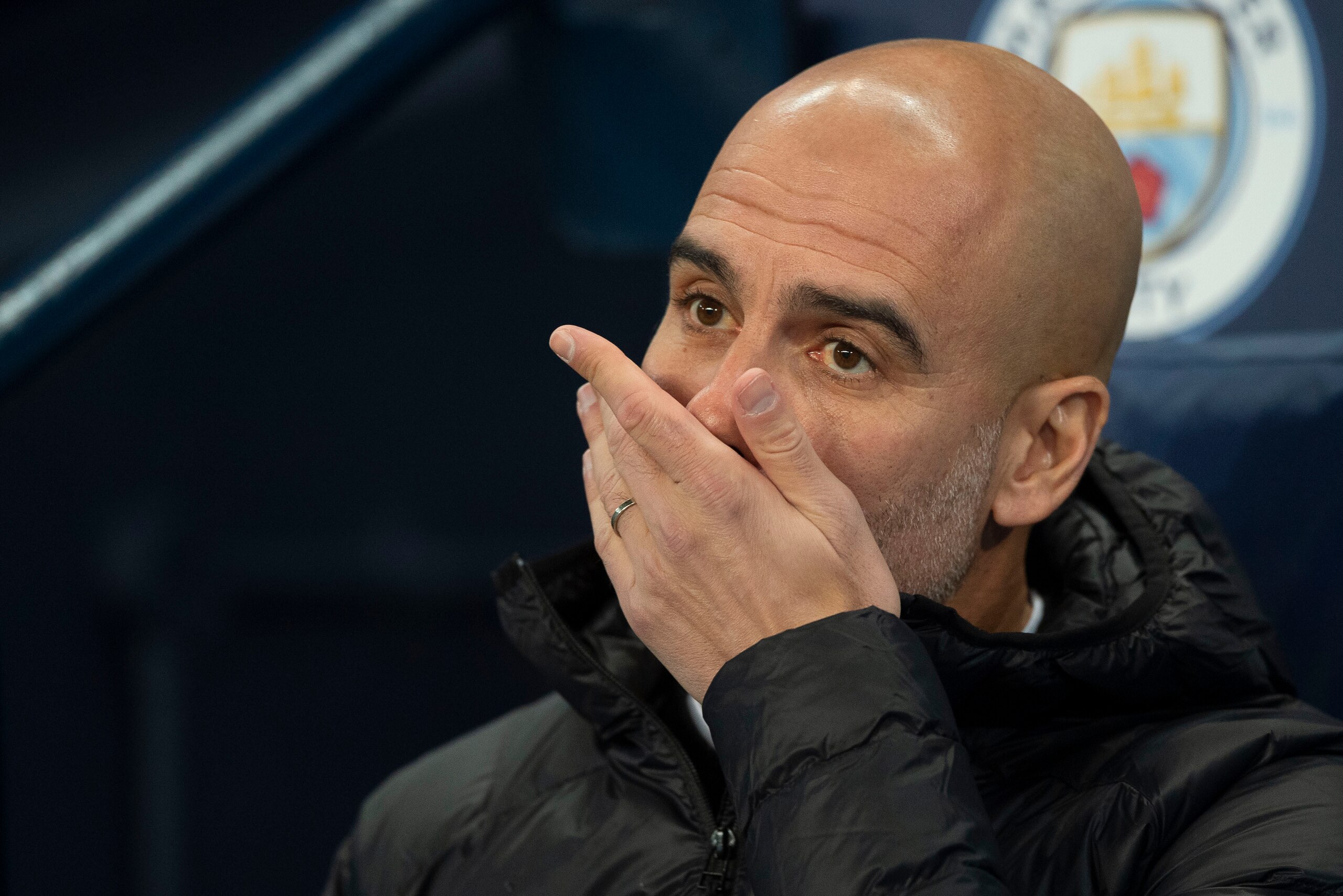 MANCHESTER, ENGLAND - DECEMBER 12: Joseph Guardiola of Manchester City looks on during the UEFA Champions League Group F match between Manchester City and TSG 1899 Hoffenheim at Etihad Stadium on December 12, 2018 in Manchester, United Kingdom. (Photo by 