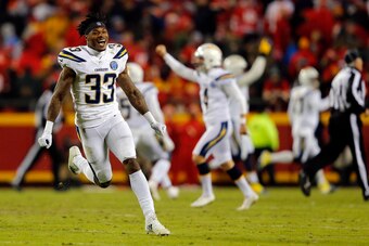 KANSAS CITY, MISSOURI - DECEMBER 13:  Free safety Derwin James #33 of the Los Angeles Chargers celebrates after the Chargers defeated the Kansas City Chiefs 29-28 to win the game at Arrowhead Stadium on December 13, 2018 in Kansas City, Missouri. (Photo b