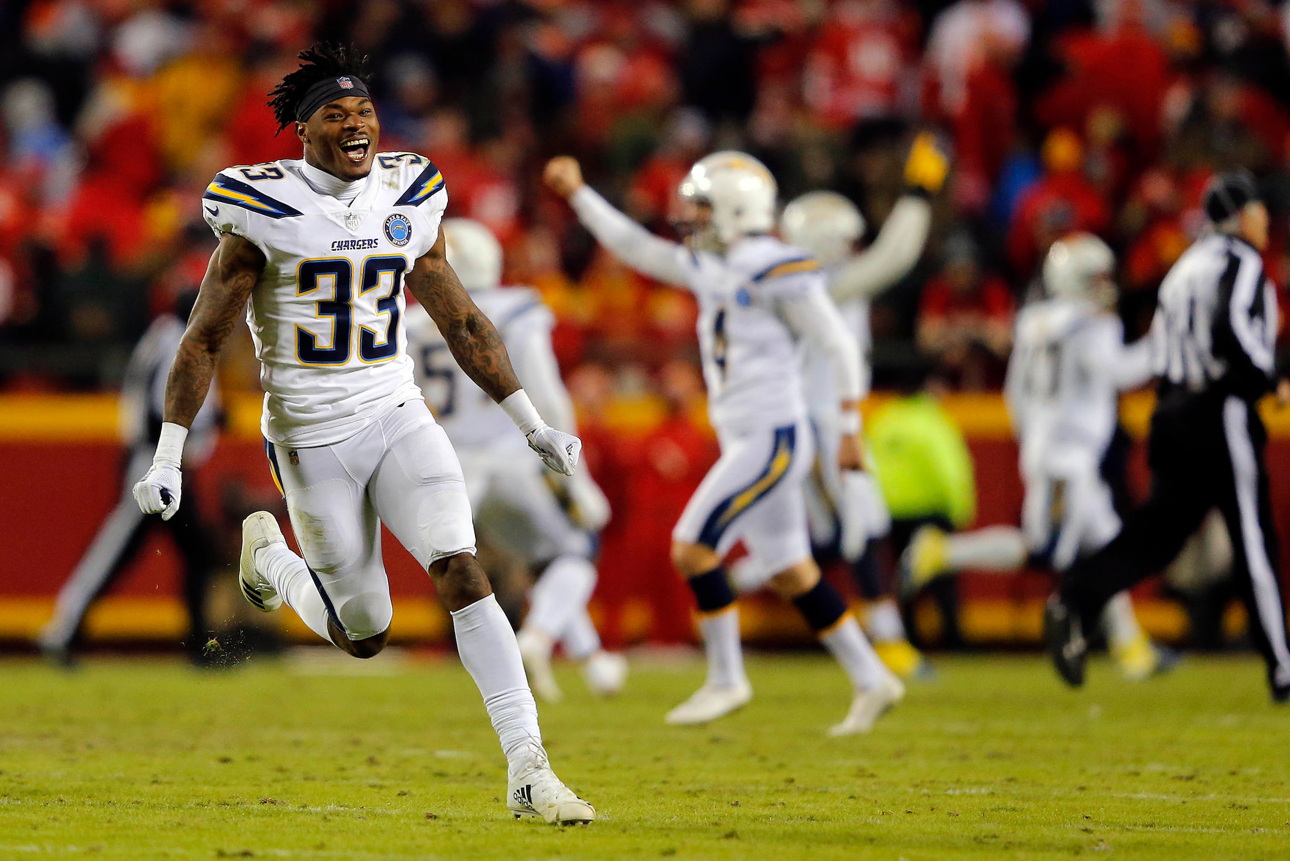KANSAS CITY, MISSOURI - DECEMBER 13:  Free safety Derwin James #33 of the Los Angeles Chargers celebrates after the Chargers defeated the Kansas City Chiefs 29-28 to win the game at Arrowhead Stadium on December 13, 2018 in Kansas City, Missouri. (Photo b