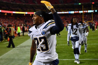 KANSAS CITY, MISSOURI - DECEMBER 13:  Defensive back Rayshawn Jenkins #23 of the Los Angeles Chargers waves to Kansas City Chiefs fans after the Chargers defeated the Chiefs with a final score of 29-28 to win the game at Arrowhead Stadium on December 13, 