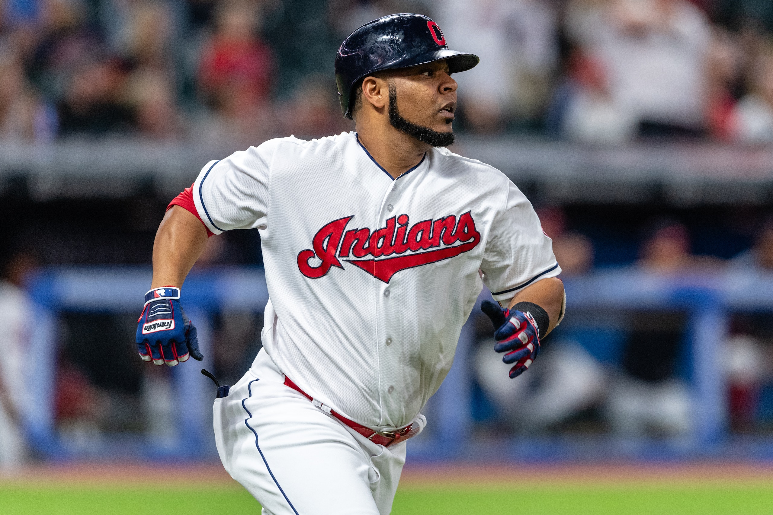 CLEVELAND, OH - AUGUST 31: Edwin Encarnacion #10 of the Cleveland Indians rounds the bases after hitting a solo homer during the seventh inning against the Tampa Bay Rays at Progressive Field on August 31, 2018 in Cleveland, Ohio. (Photo by Jason Miller/G
