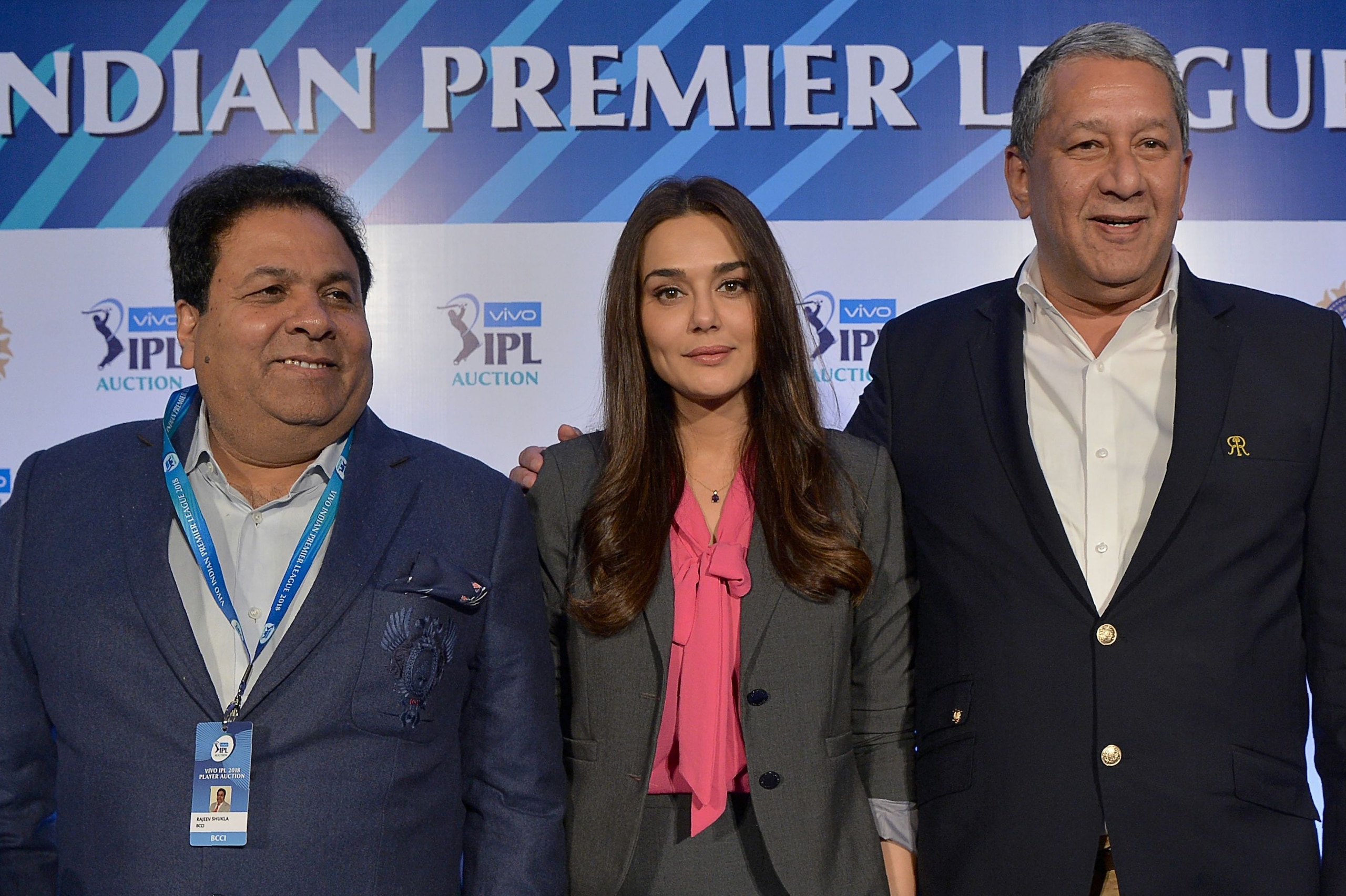 Bollywood actress and owner of Kings XI Punjab Team, Preity Zinta (C), Indian Premier League chairman Rajeev Shukla (L) and Chairman & CEO, Rajasthan Royals, Ranjit Barthakur pose for a photograph after a press conference held on the 2nd day of IPL 2018 P Bollywood actress and owner of Kings XI Punjab Team, Preity Zinta (C), Indian Premier League chairman Rajeev Shukla (L) and Chairman & CEO, Rajasthan Royals, Ranjit Barthakur pose for a photograph after a press conference held on the 2nd day of IPL 2018 P