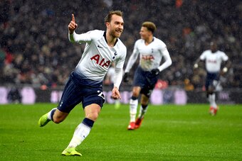 LONDON, ENGLAND - DECEMBER 15:  Christian Eriksen of Tottenham Hotspur celebrates after scoring his team's first goal during the Premier League match between Tottenham Hotspur and Burnley FC at Tottenham Hotspur Stadium on December 15, 2018 in London, Uni